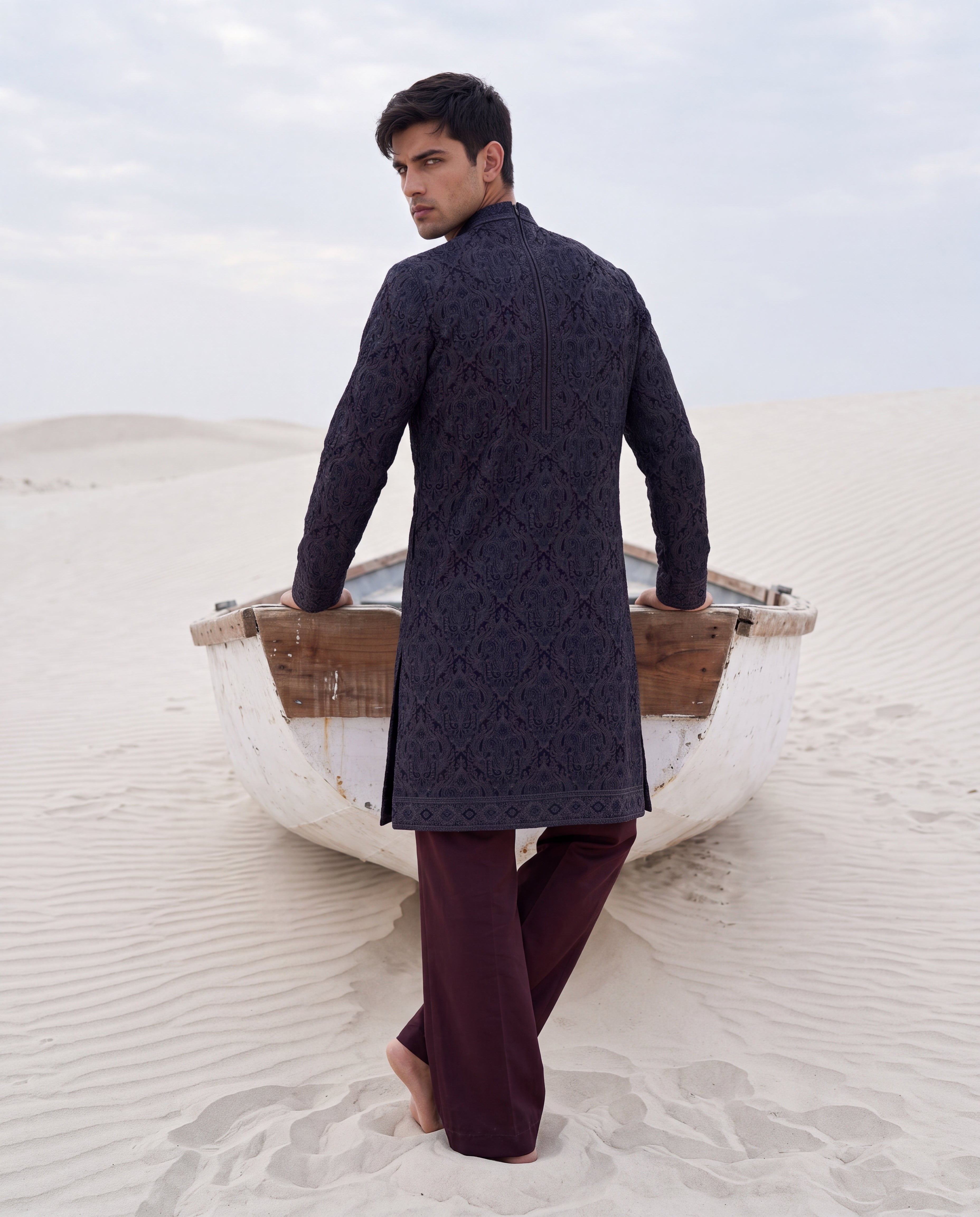 Multi-colour silk kurta with contrast embroidery detailing, paired with a cotton modal palazzo.