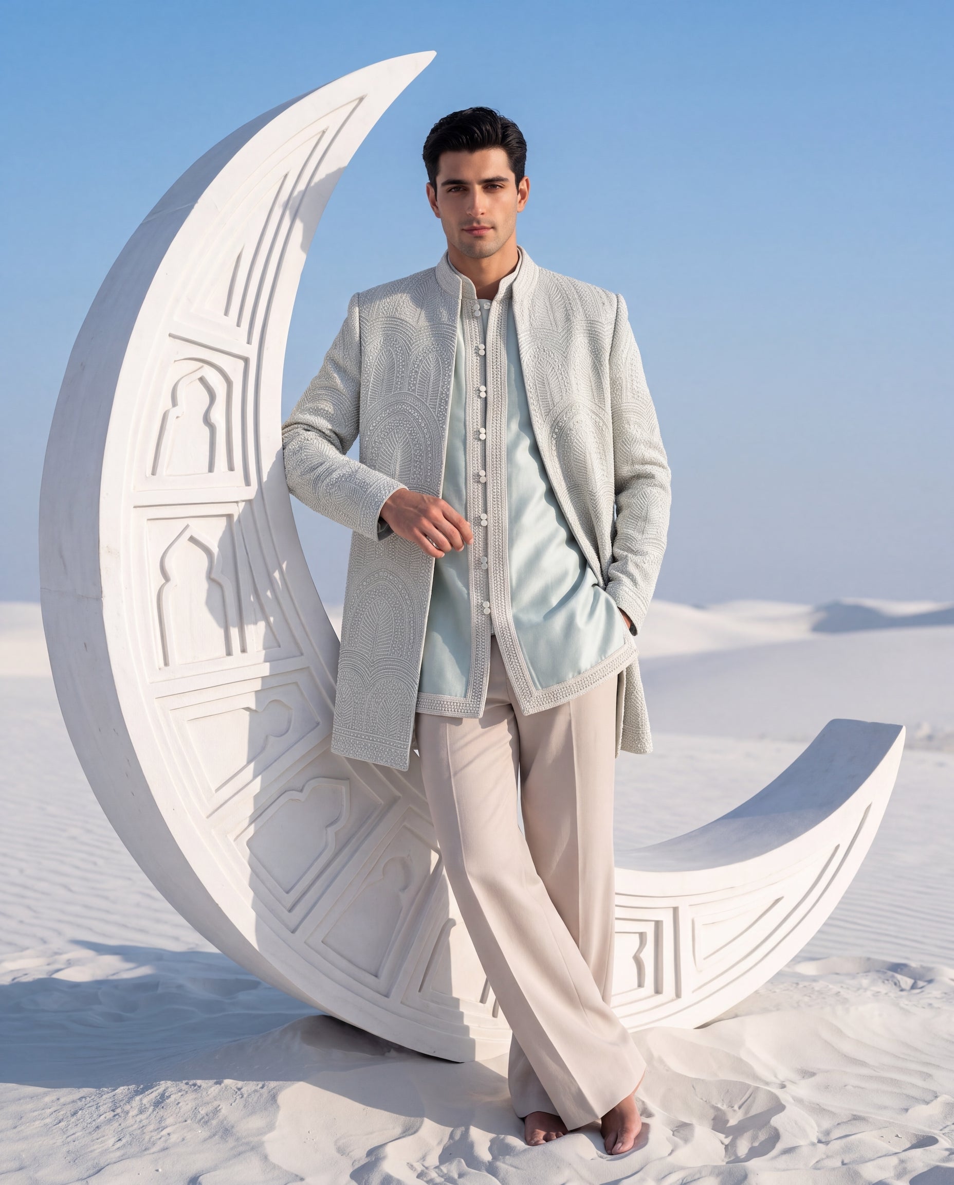Teal green Indo-Western jacket with tonal detailing, paired with a matching silk kurta and knit palazzo.