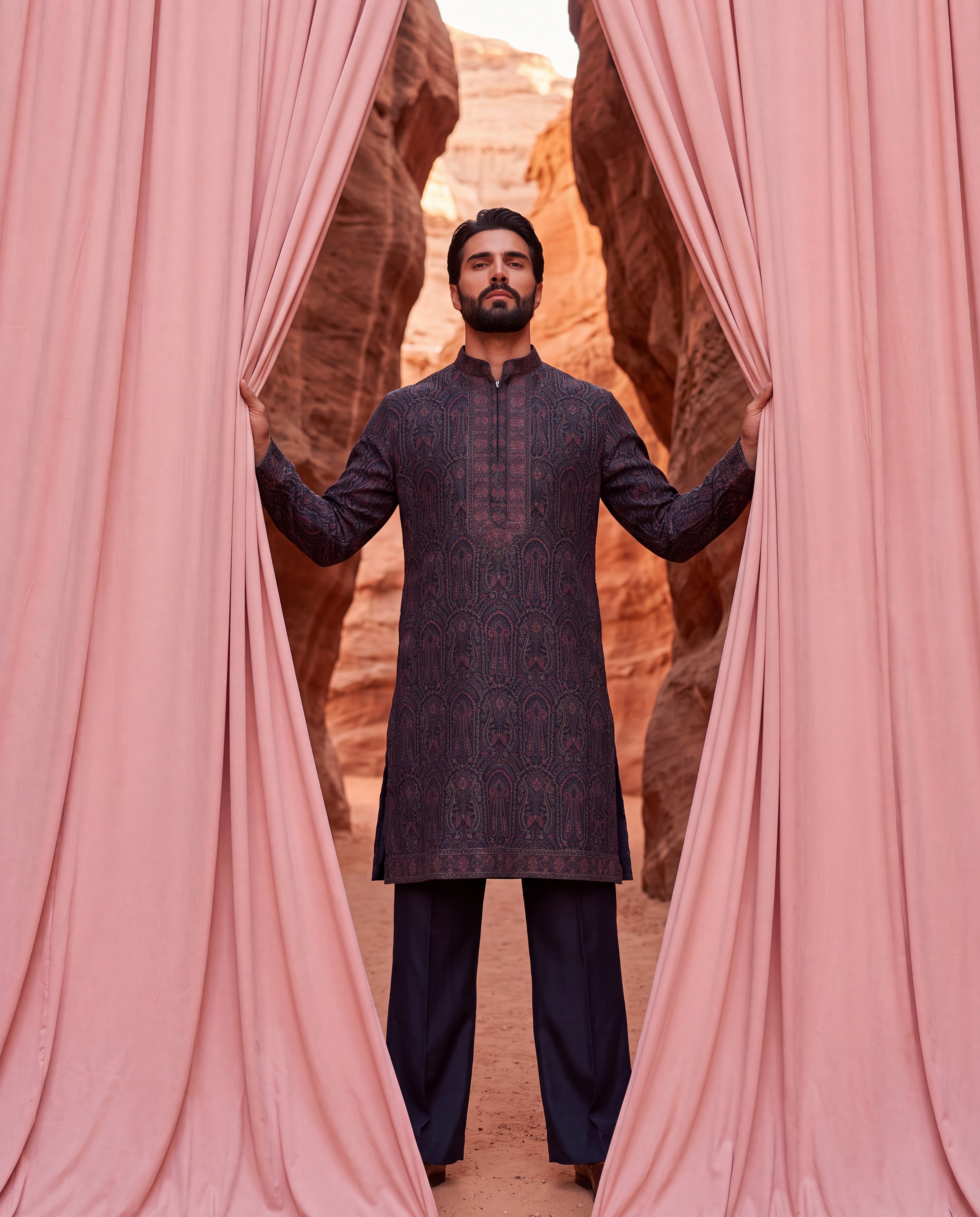 Multi-colour silk kurta with contrast embroidery detailing, paired with a cotton modal palazzo.
