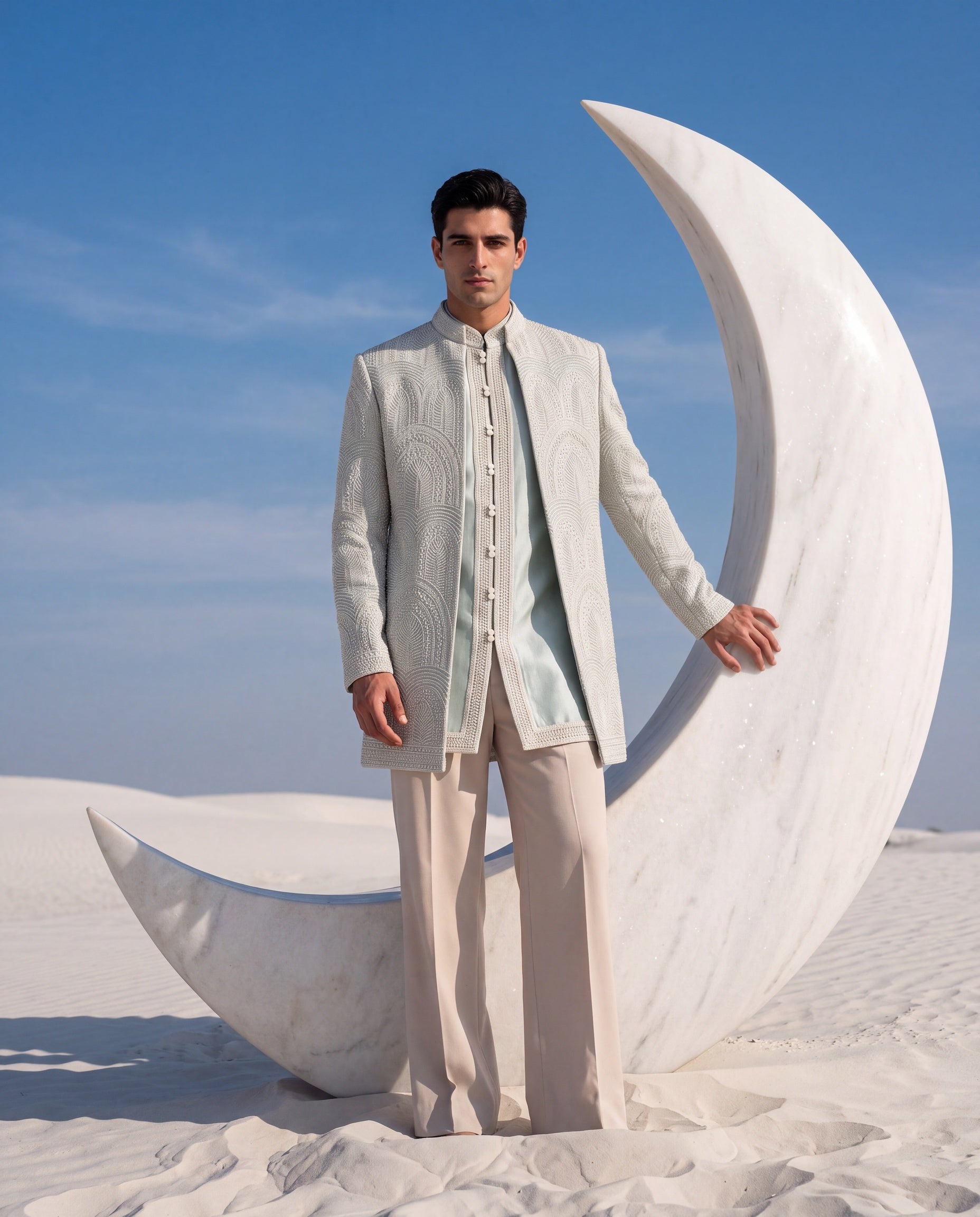Teal green Indo-Western jacket with tonal detailing, paired with a matching silk kurta and knit palazzo.