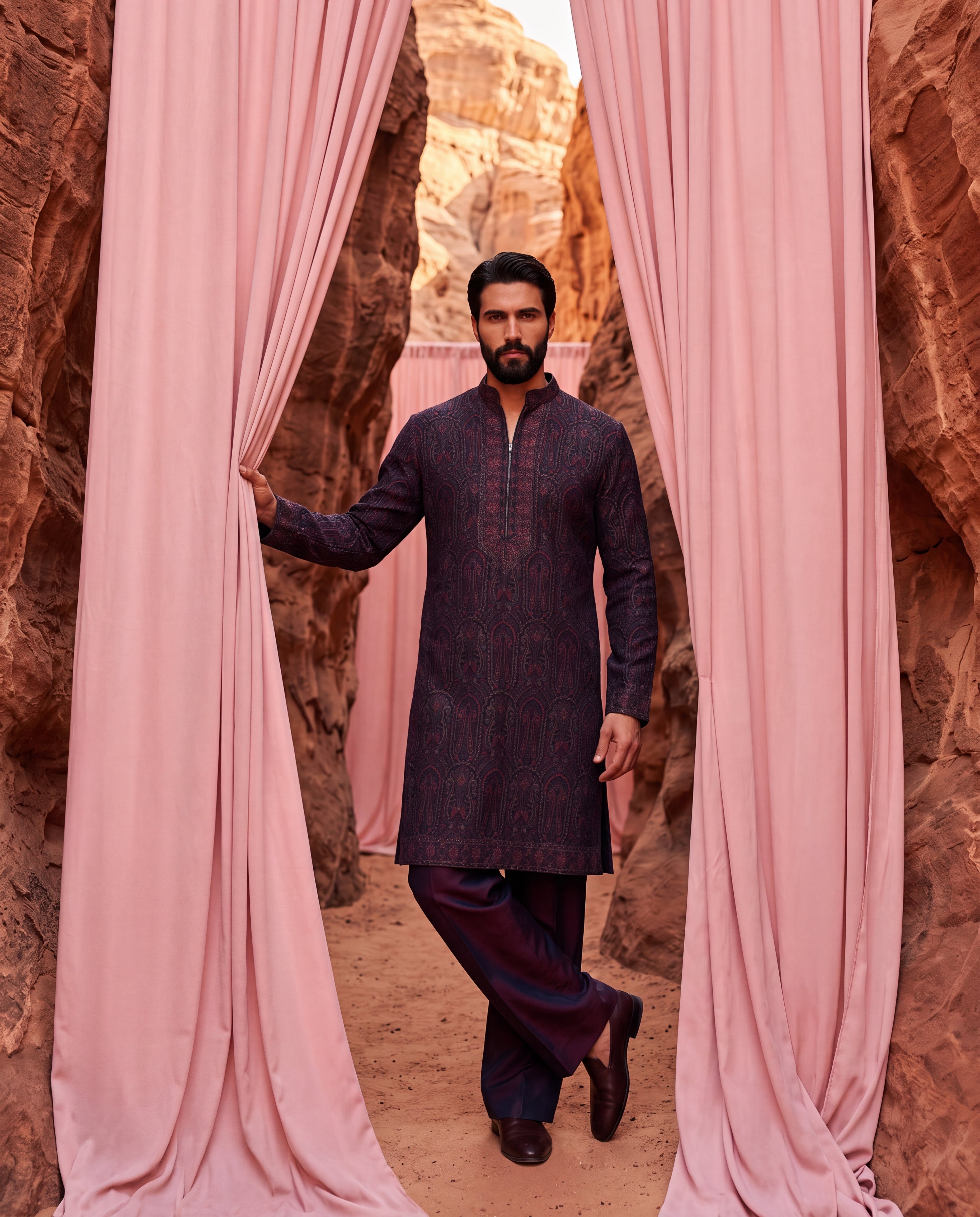 Multi-colour silk kurta with contrast embroidery detailing, paired with a cotton modal palazzo.