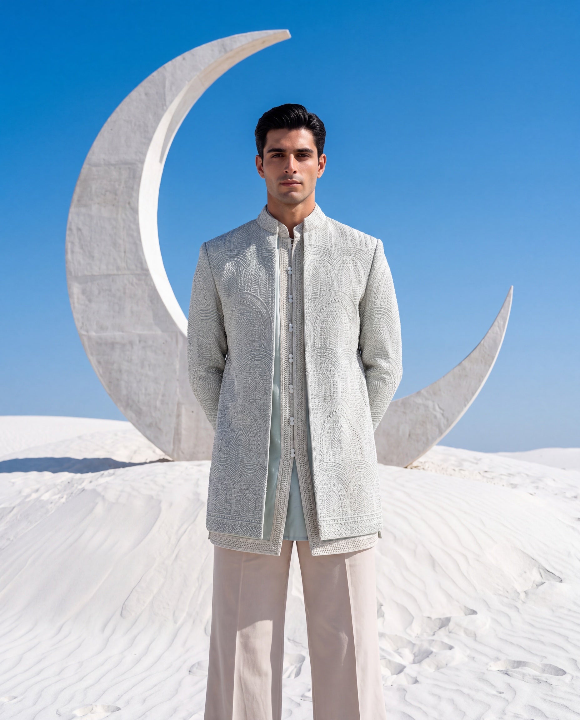 Teal green Indo-Western jacket with tonal detailing, paired with a matching silk kurta and knit palazzo.