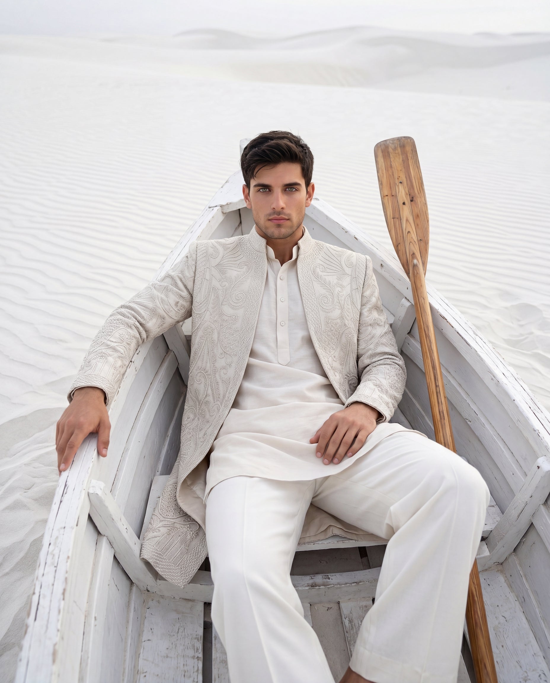 Khakhi textured knit Indo-Western jacket with tonal embroidery detailing, paired with a cotton silk kurta and matching palazzo.