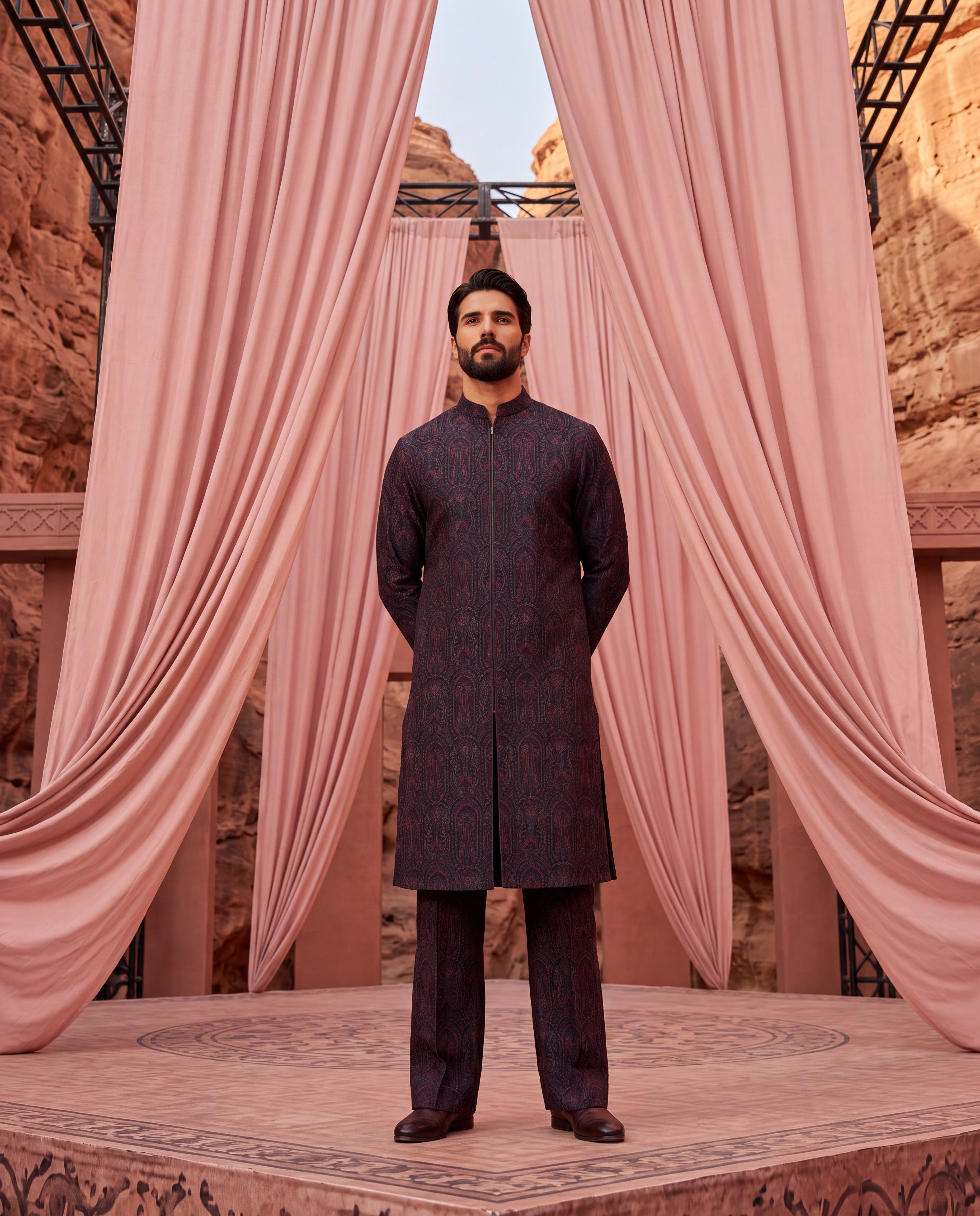 Multi-colour silk kurta with contrast embroidery detailing, paired with a cotton modal palazzo.