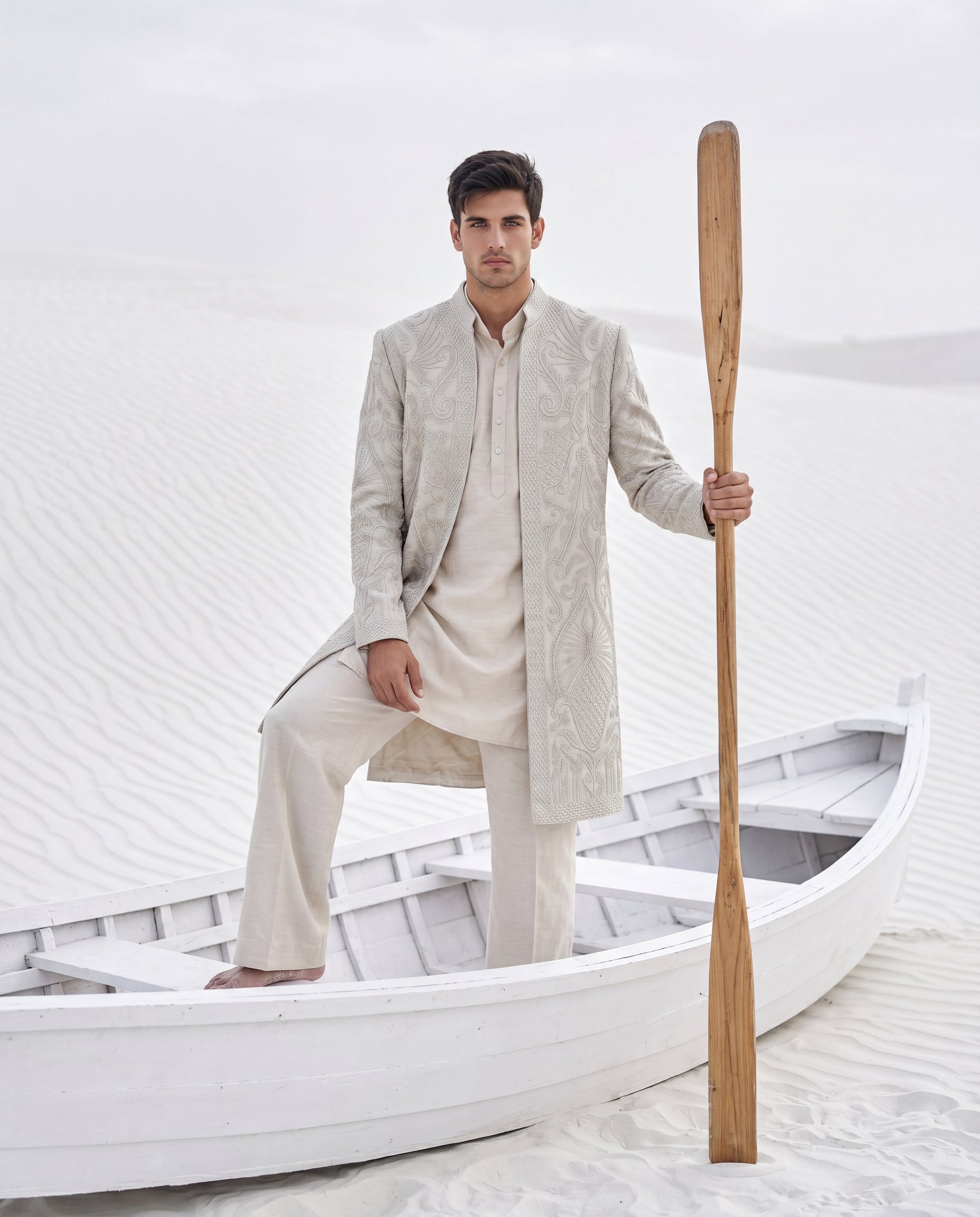 Khakhi textured knit Indo-Western jacket with tonal embroidery detailing, paired with a cotton silk kurta and matching palazzo.