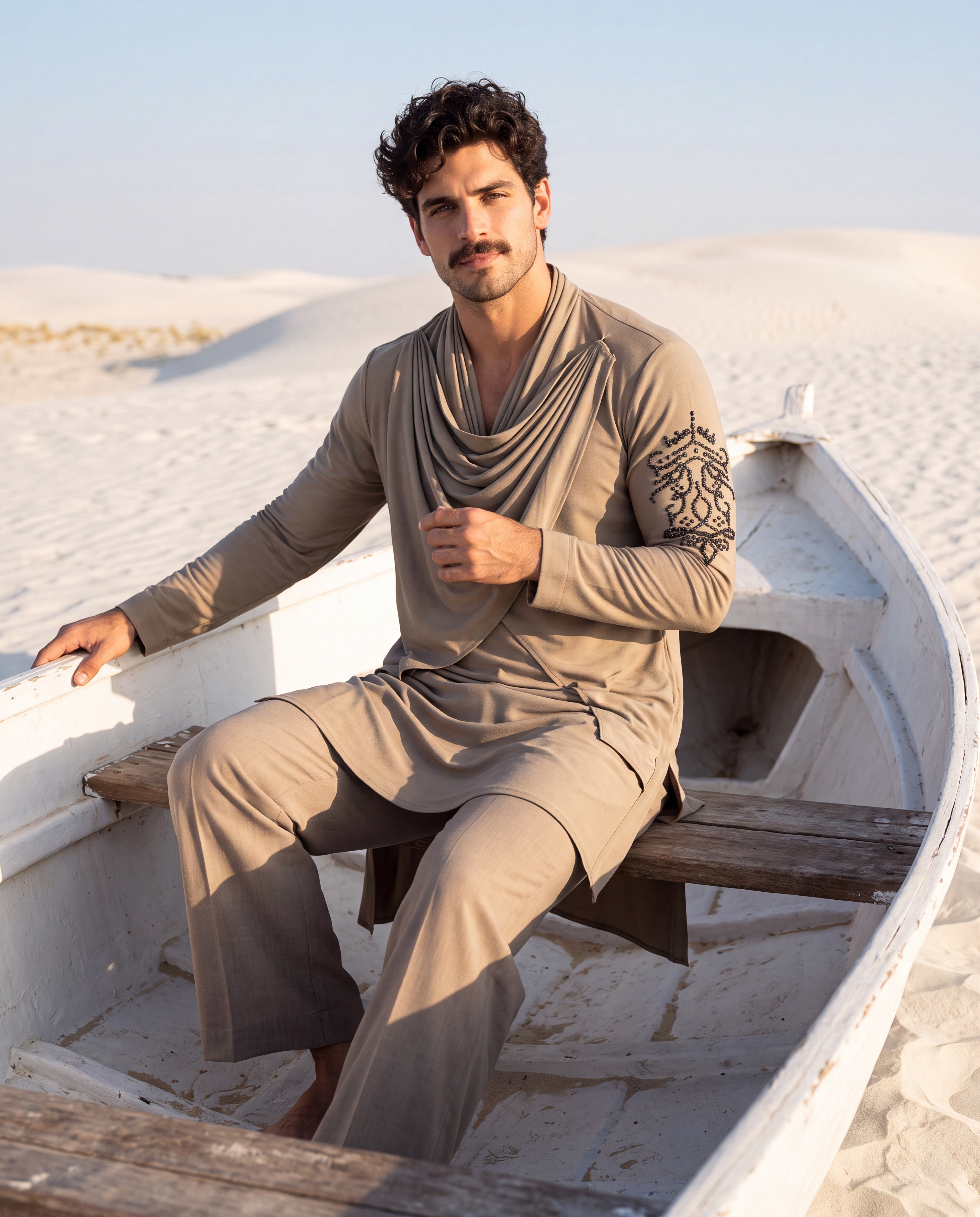 Khakhi knit kurta with metallic embroidered motif on the sleeve and drape detailing, paired with matching knit palazzo.