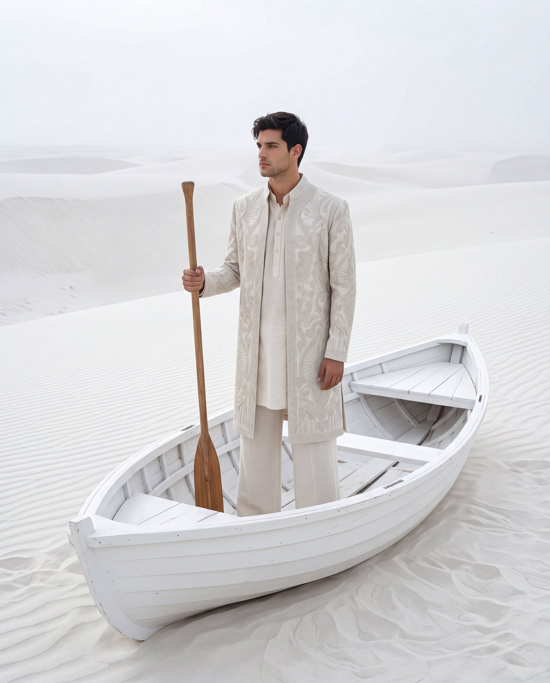 Khakhi textured knit Indo-Western jacket with tonal embroidery detailing, paired with a cotton silk kurta and matching palazzo.