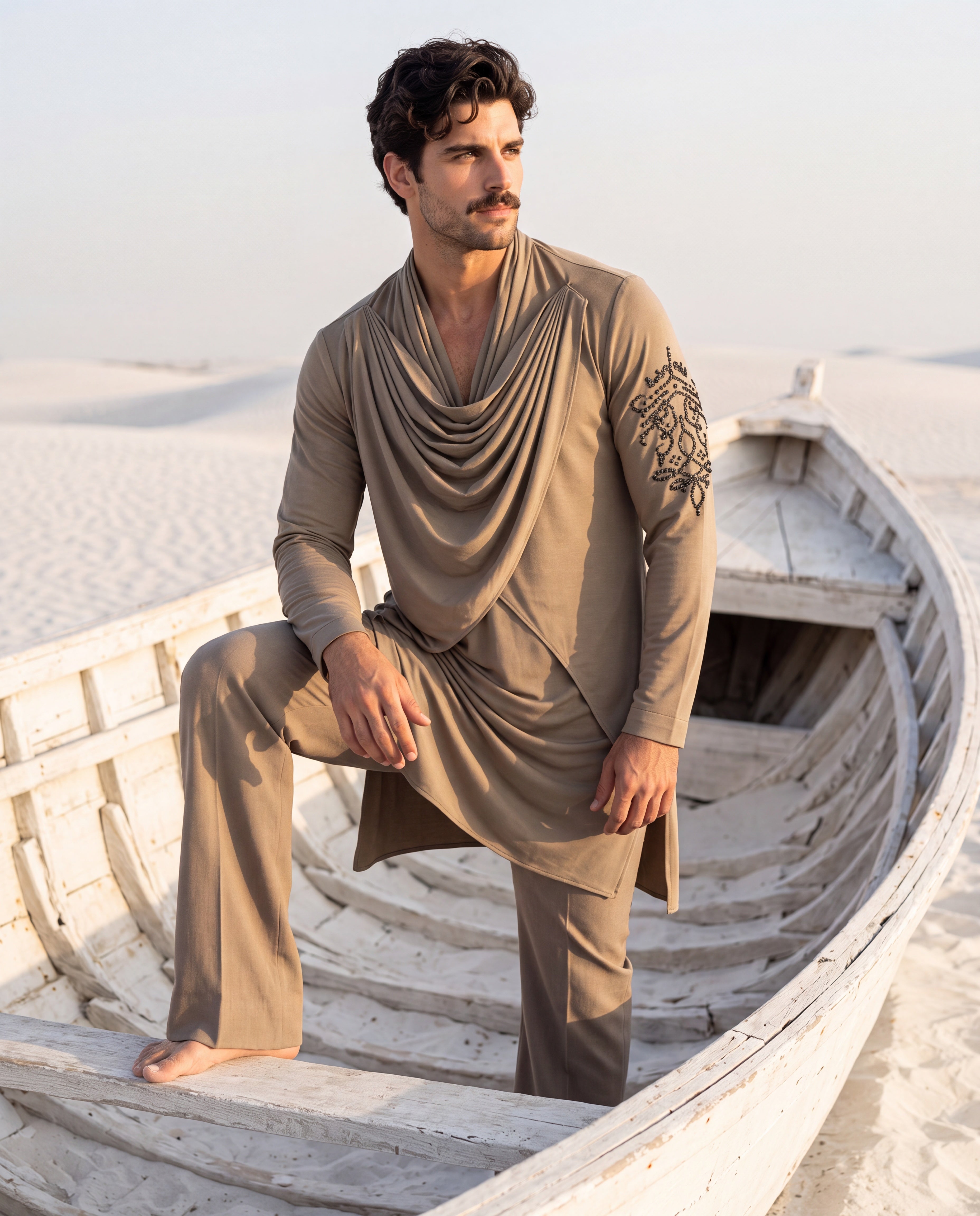 Khakhi knit kurta with metallic embroidered motif on the sleeve and drape detailing, paired with matching knit palazzo.