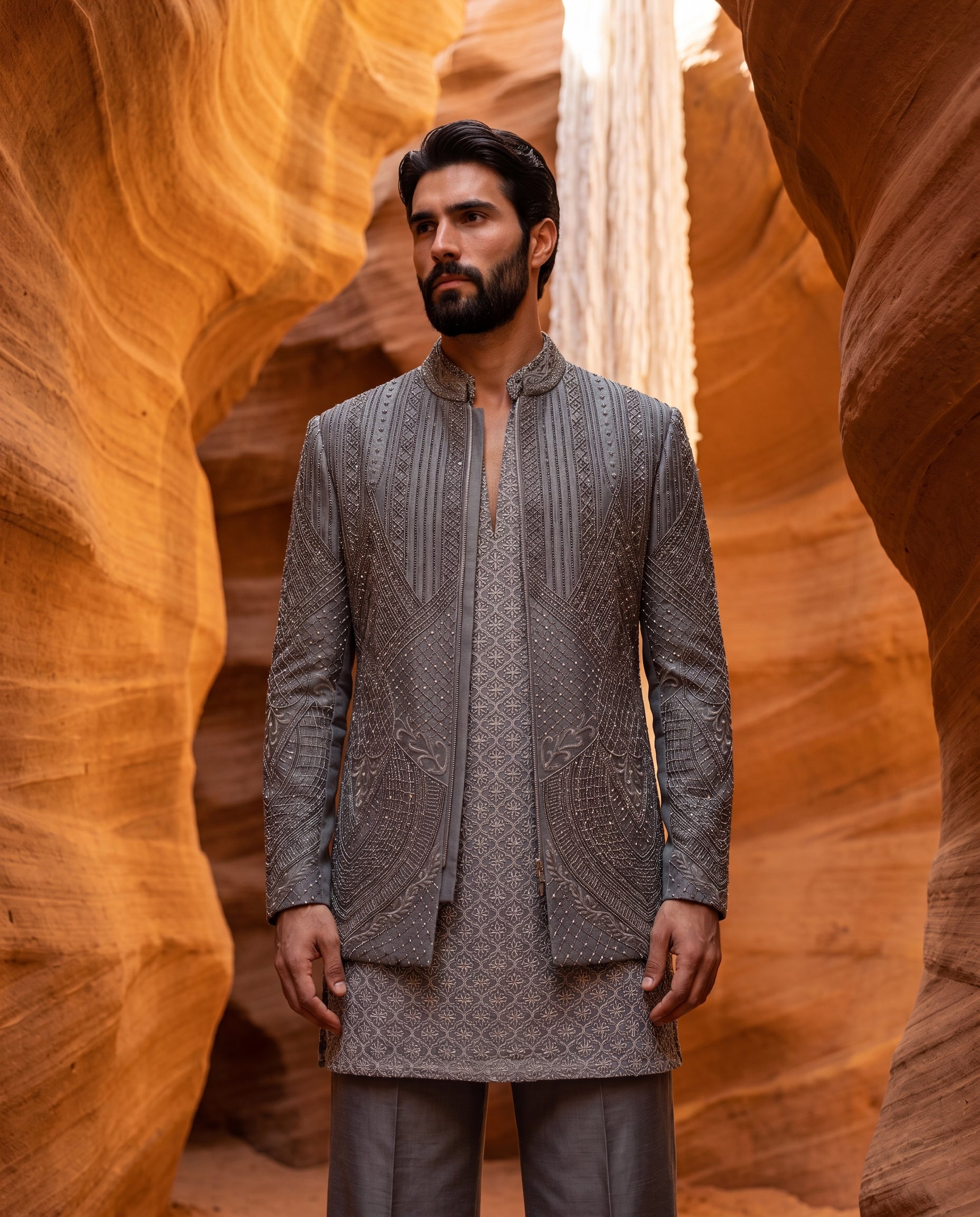 Olive green Linen rayon Indo-Western jacket with metallic embroidery detailing, paired with an embroidered georgette kurta and matching pants.