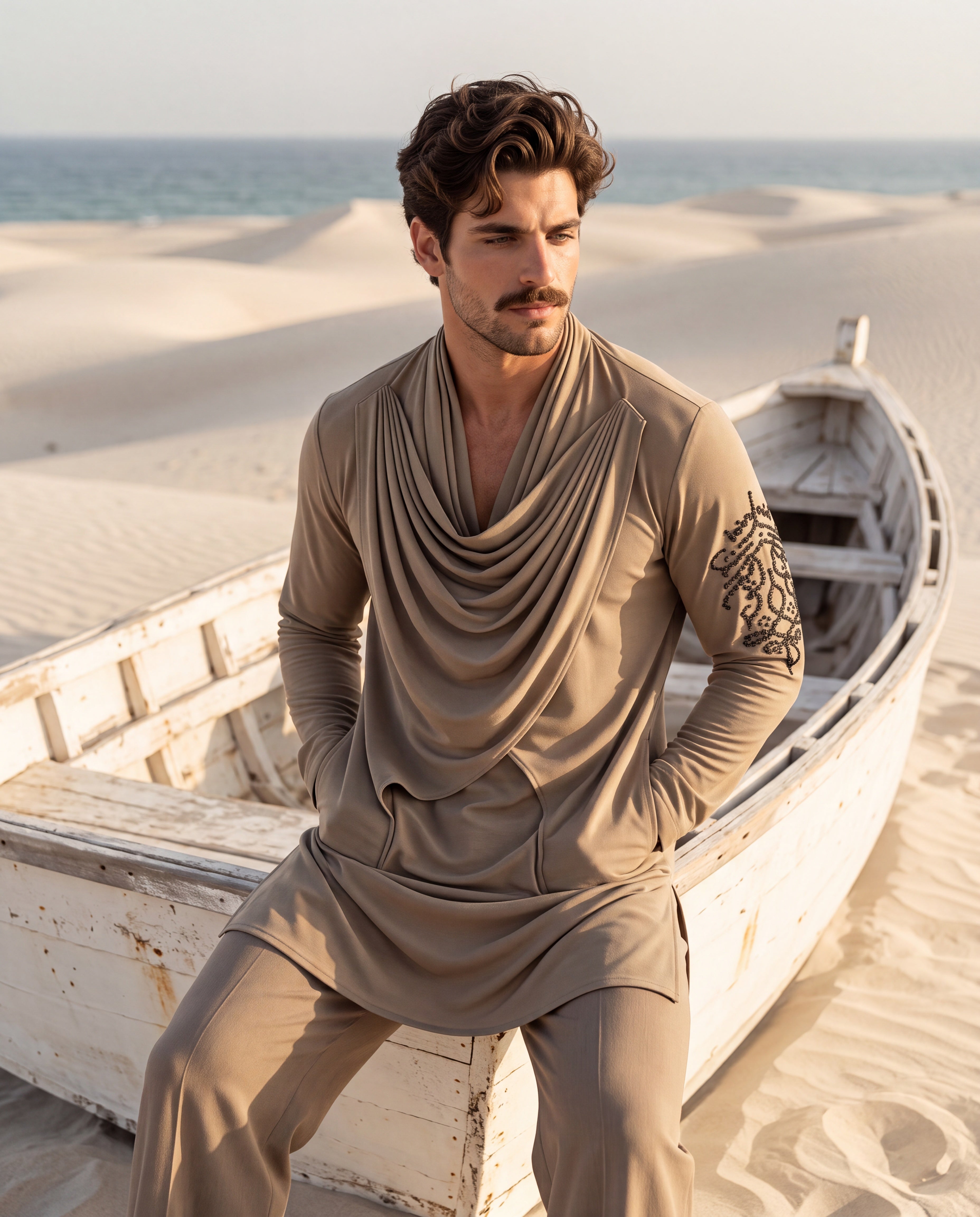 Khakhi knit kurta with metallic embroidered motif on the sleeve and drape detailing, paired with matching knit palazzo.