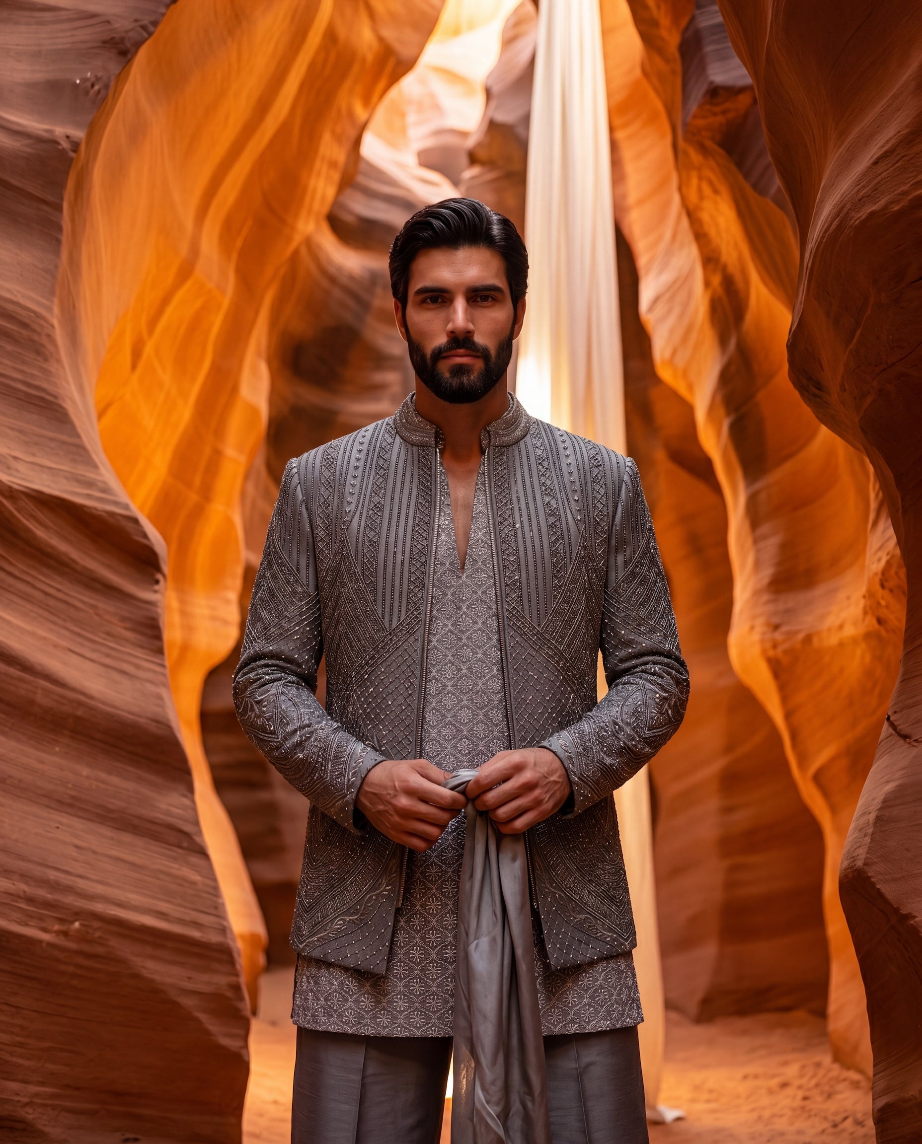 Olive green Linen rayon Indo-Western jacket with metallic embroidery detailing, paired with an embroidered georgette kurta and matching pants.