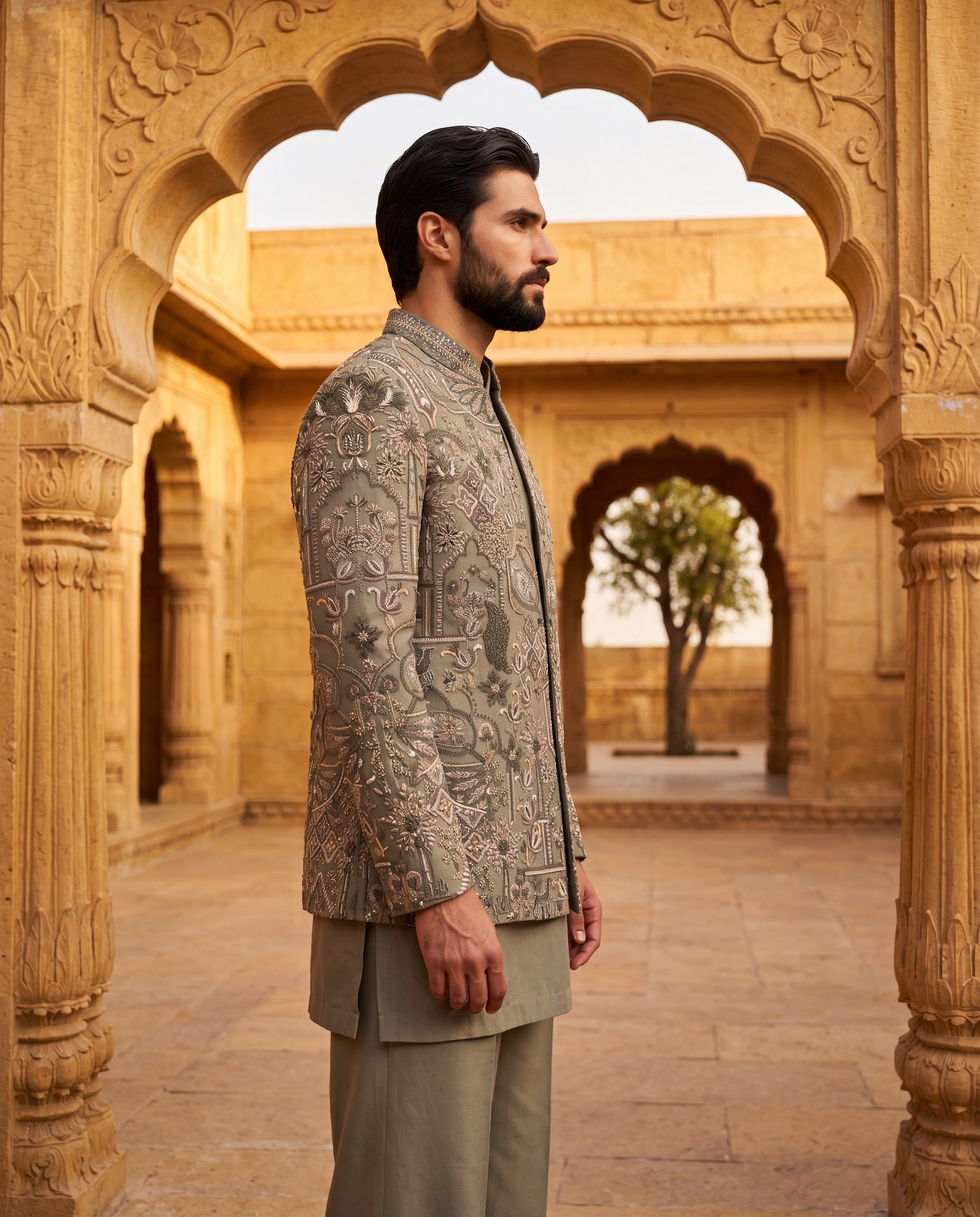 Sage green Twill knit Indo-Western jacket with multi-coloured embroidery detailing, paired with a cotton modal kurta and matching twill knit pants.