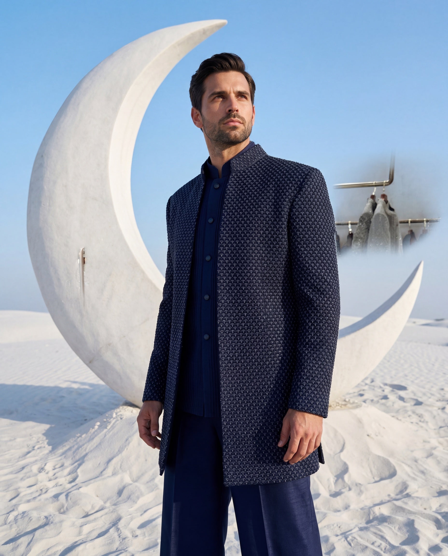 Navy blue crepe Indo-Western jacket with monotone embroidery paired with a matka silk waistcoat and knit pants.
