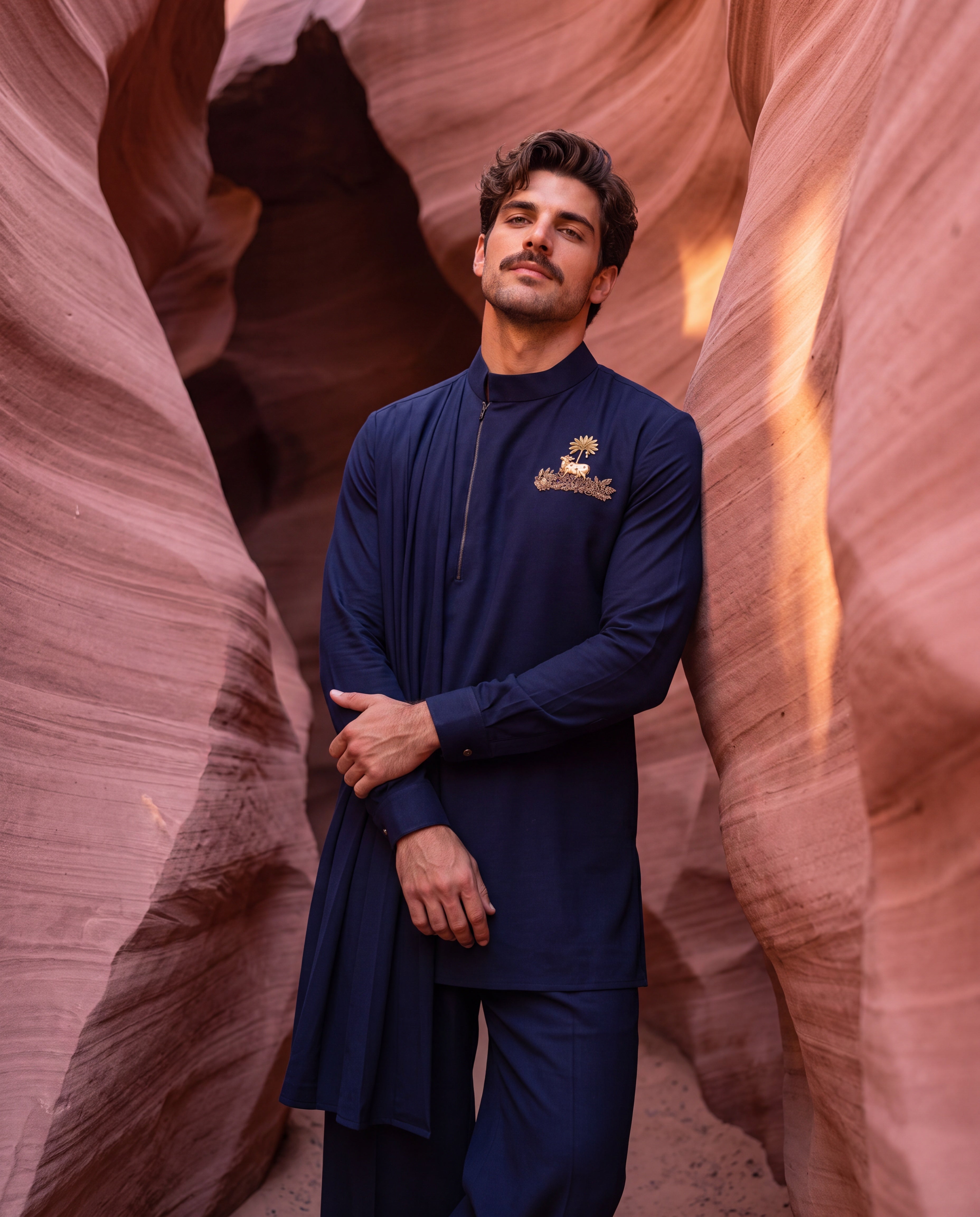 Navy blue knit kurta with gold brooch with embroidery & drape detailing, paired with matching knit palazzo.