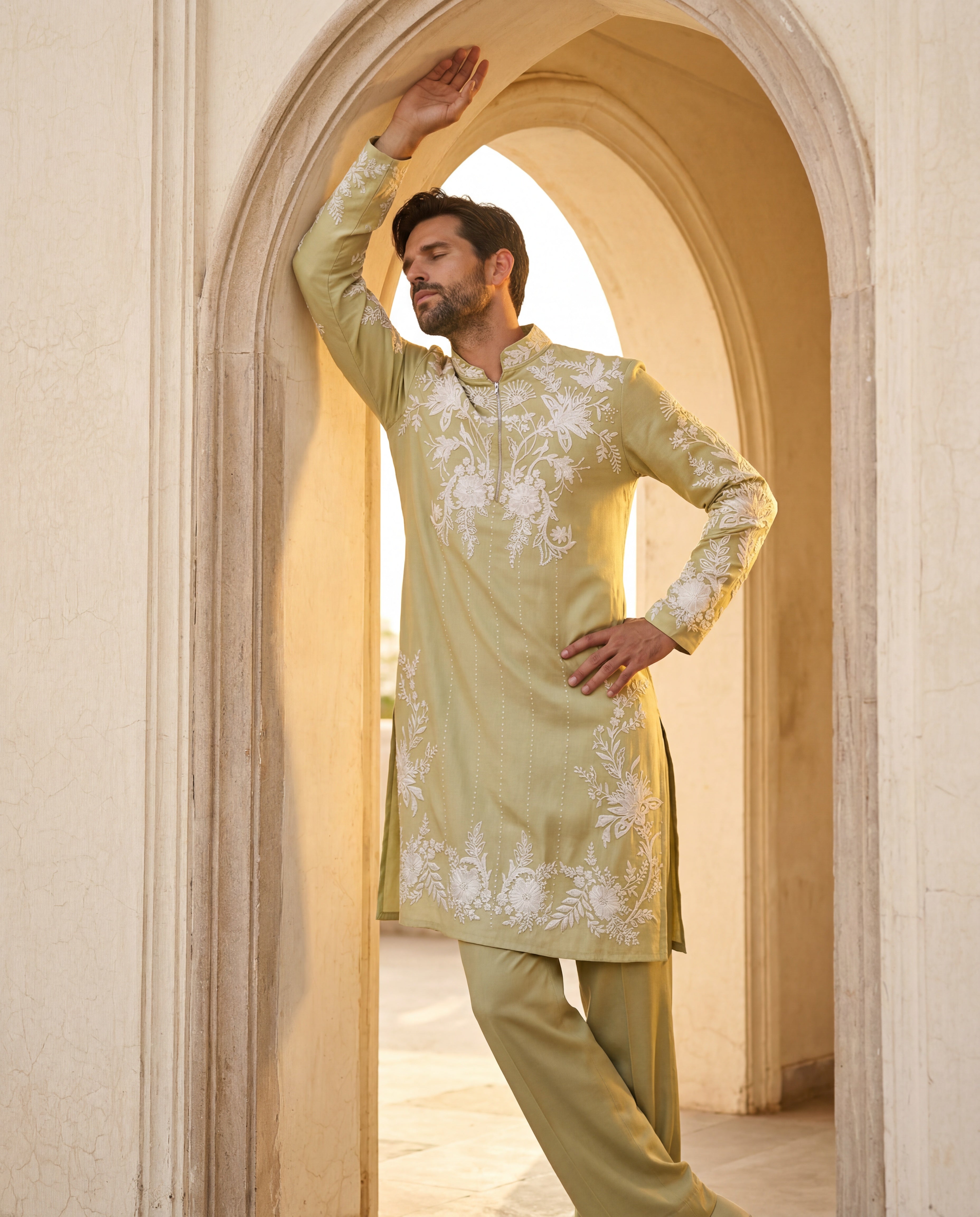Lime green bamboo silk kurta with ivory floral embroidery, paired with matching bamboo silk aligadhi.