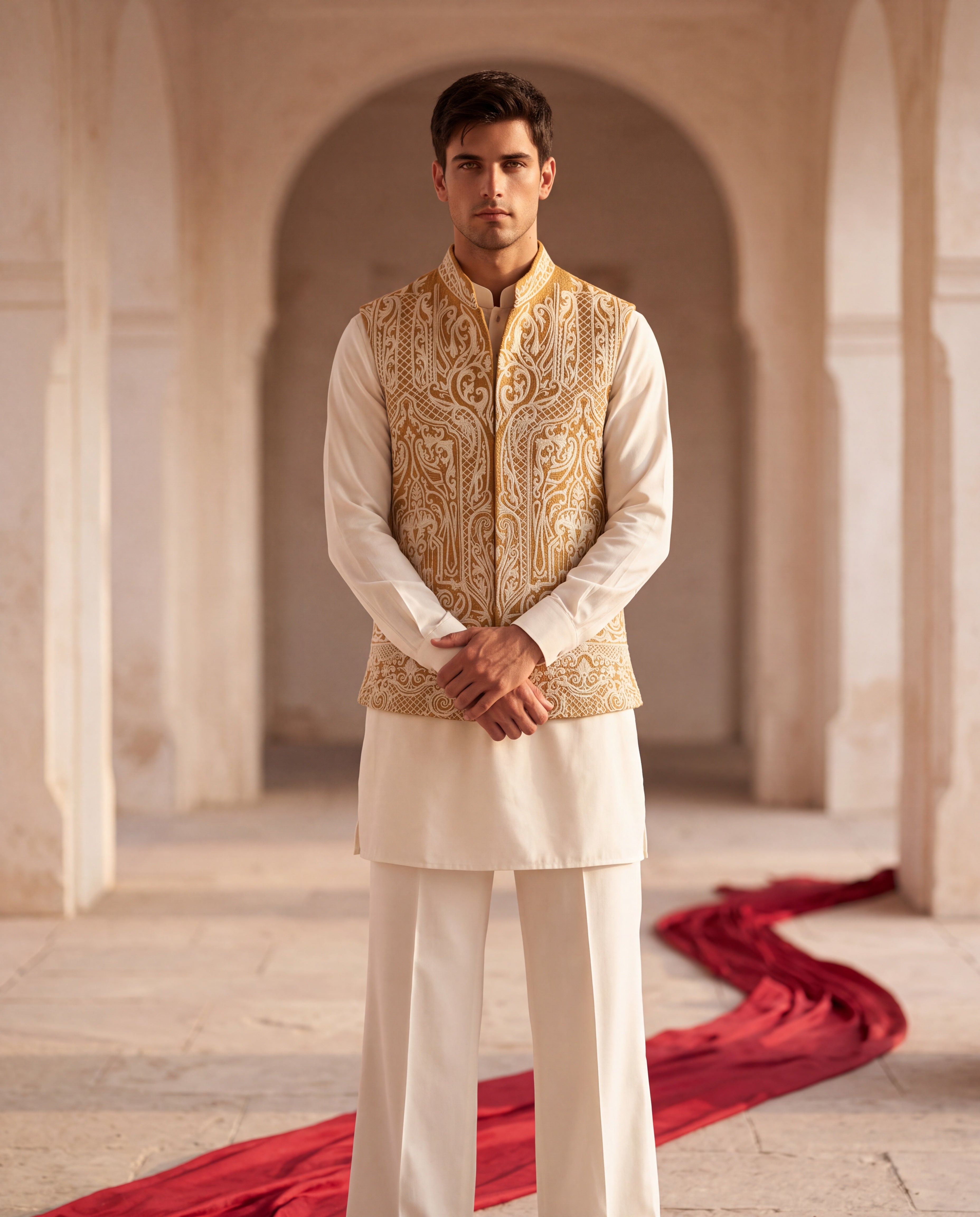 Mustard textured rayon waistcoat with white dori hand embroidery detailing, paired with a ivory knit kurta and matching plazzo pants.