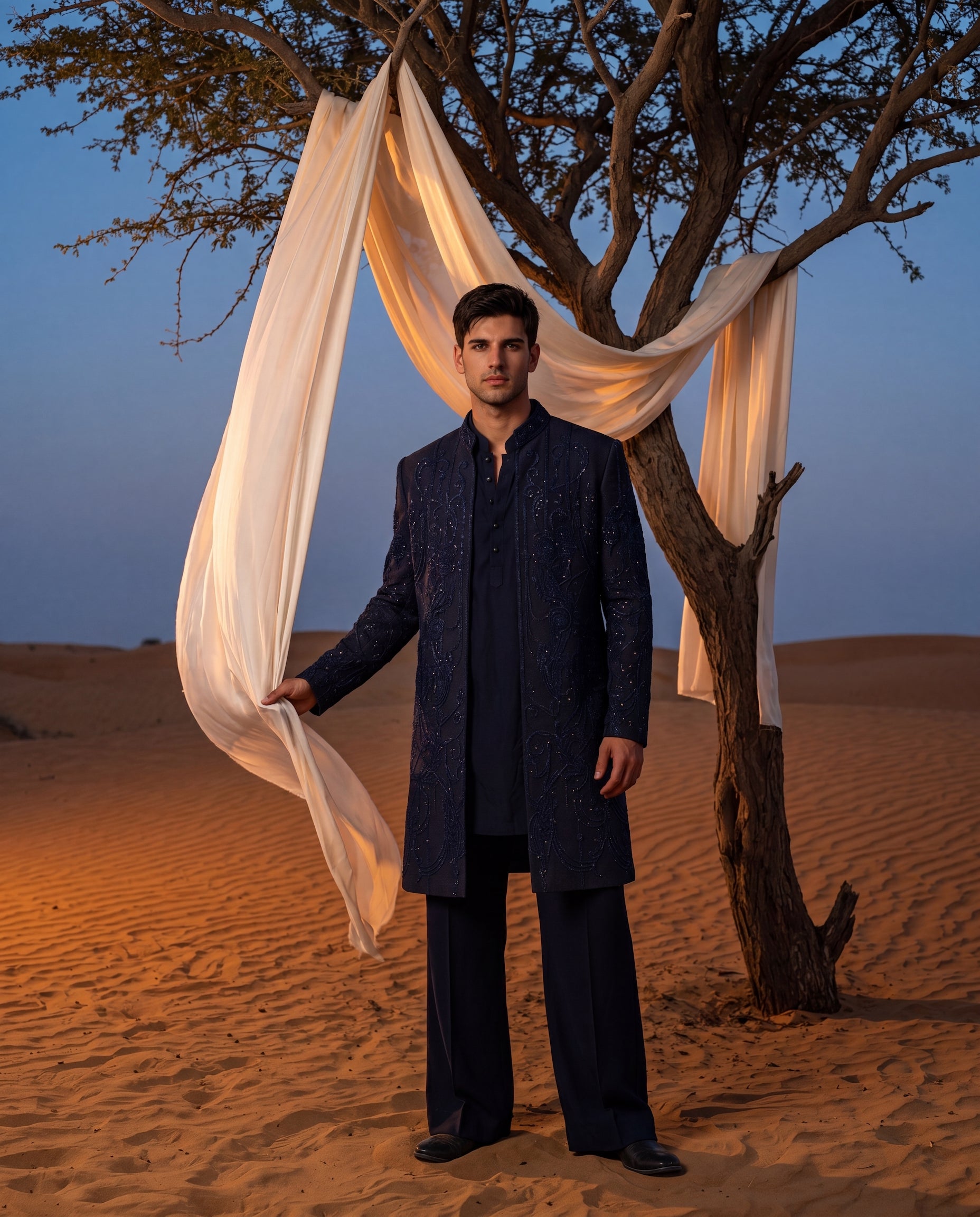 Black Textured knit Indo-Western jacket with tonal embroidery, paired with a crepe kurta and matching palazzo.