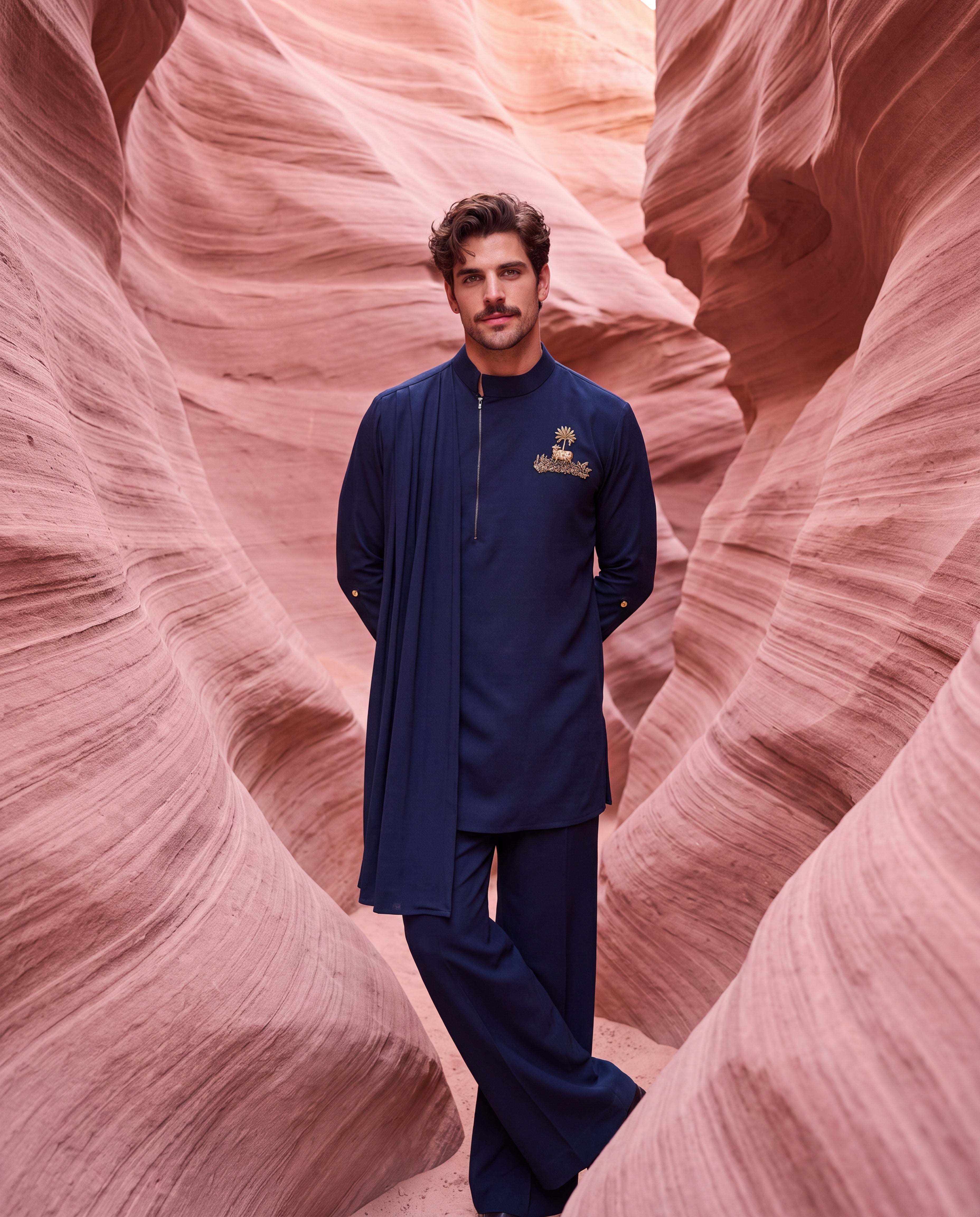 Navy blue knit kurta with gold brooch with embroidery & drape detailing, paired with matching knit palazzo.