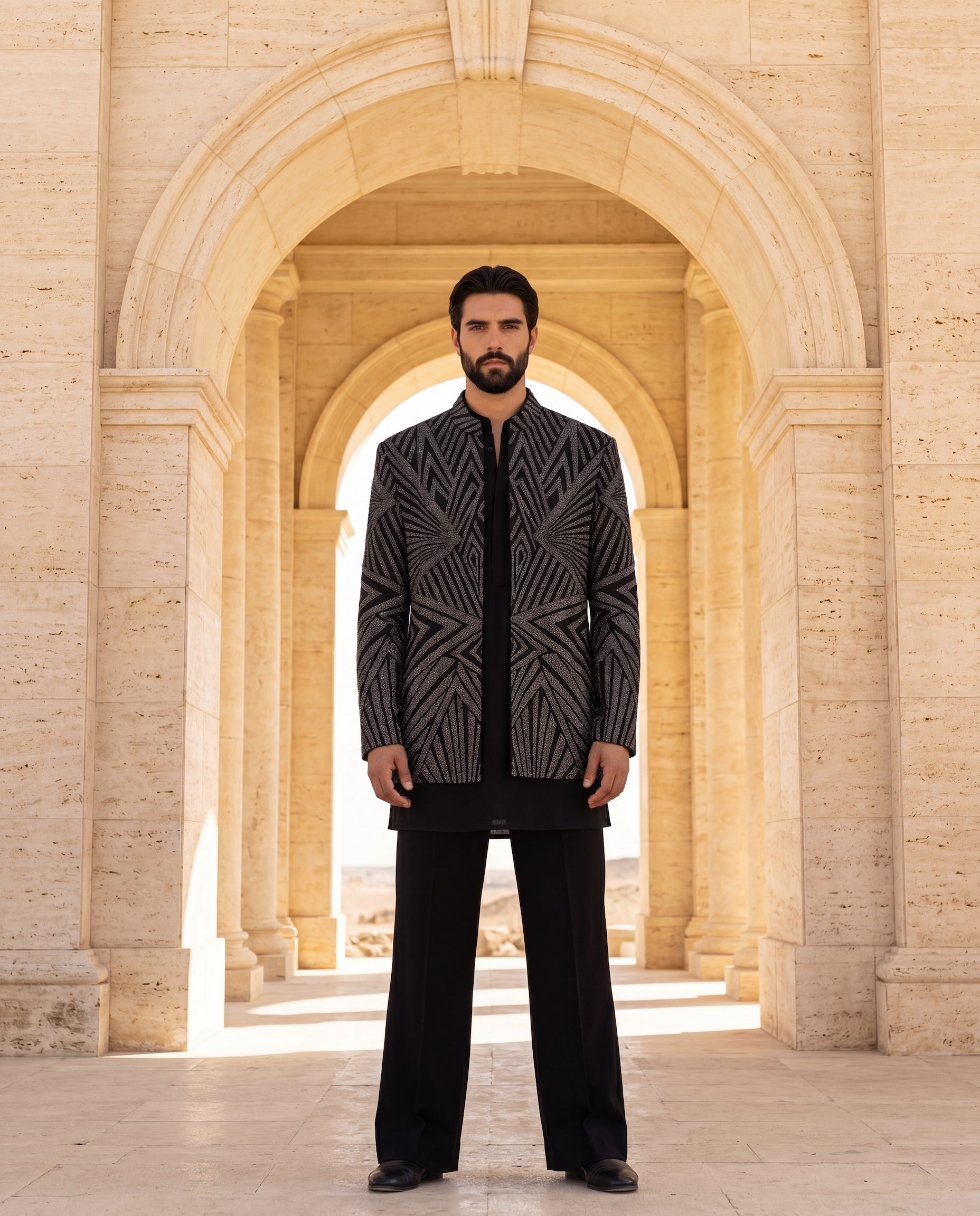 Black knit Indo-Western jacket with metallic embroidery, paired with a cotton modal kurta and matching palazzo.
