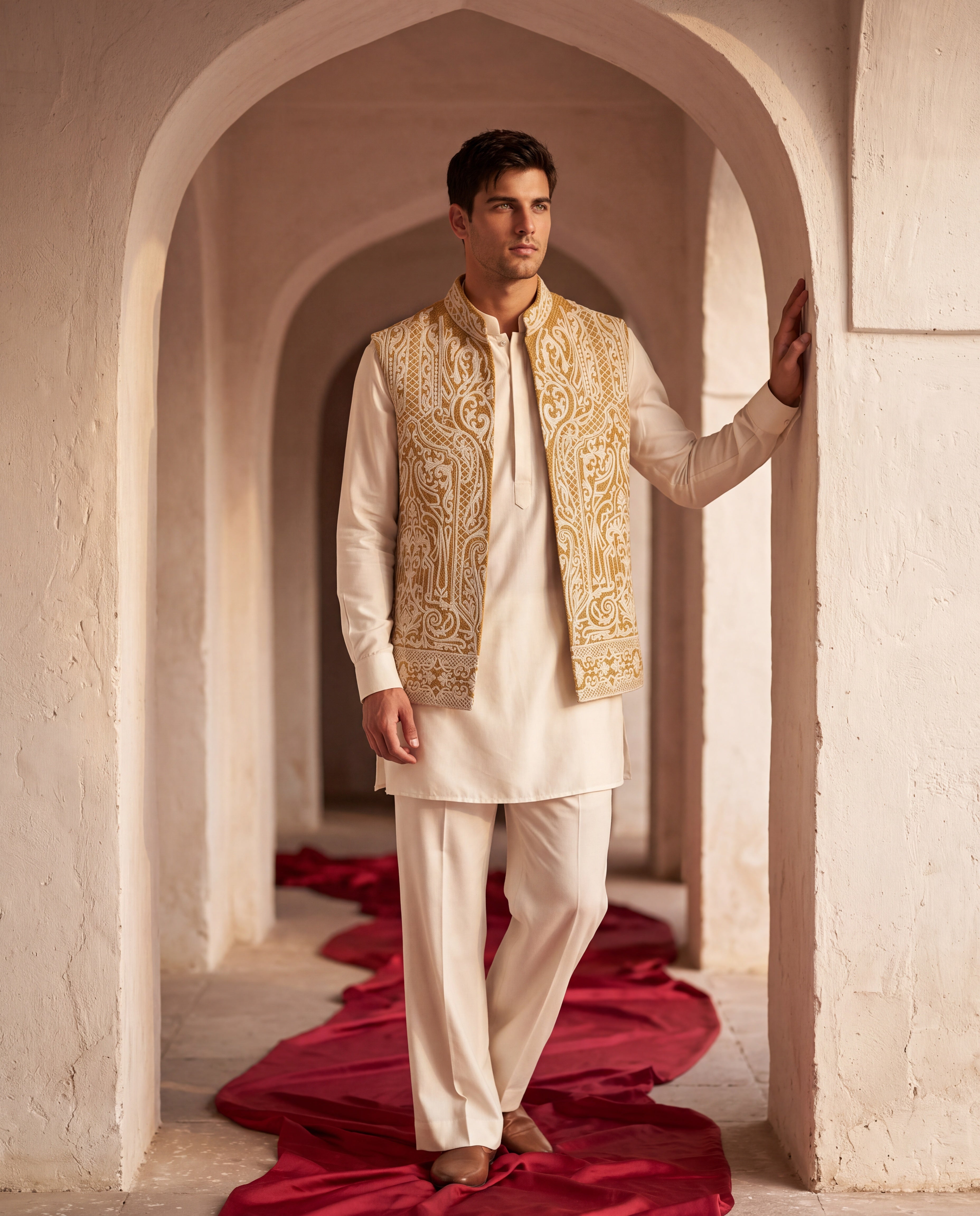 Mustard textured rayon waistcoat with white dori hand embroidery detailing, paired with a ivory knit kurta and matching plazzo pants.