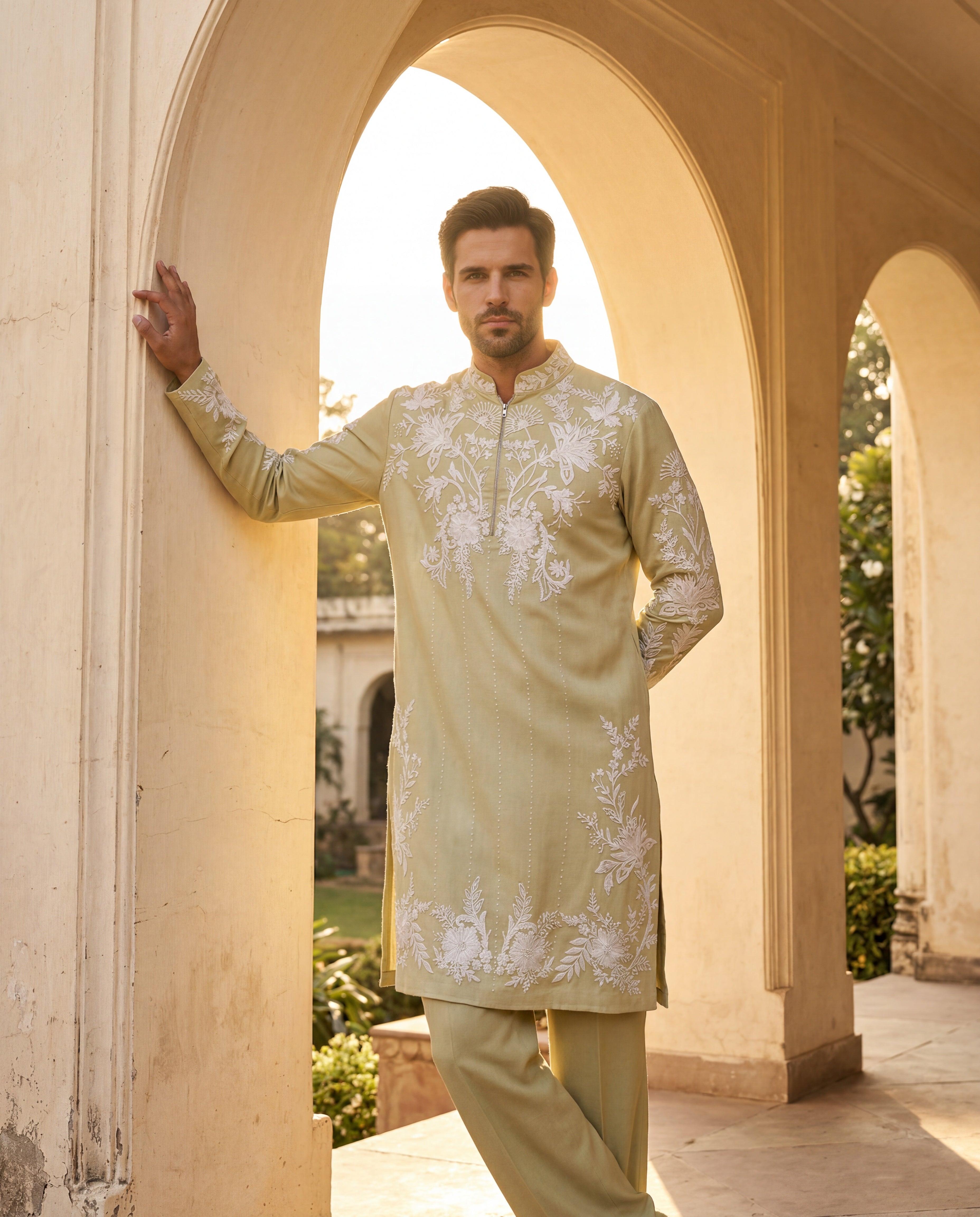 Lime green bamboo silk kurta with ivory floral embroidery, paired with matching bamboo silk aligadhi.