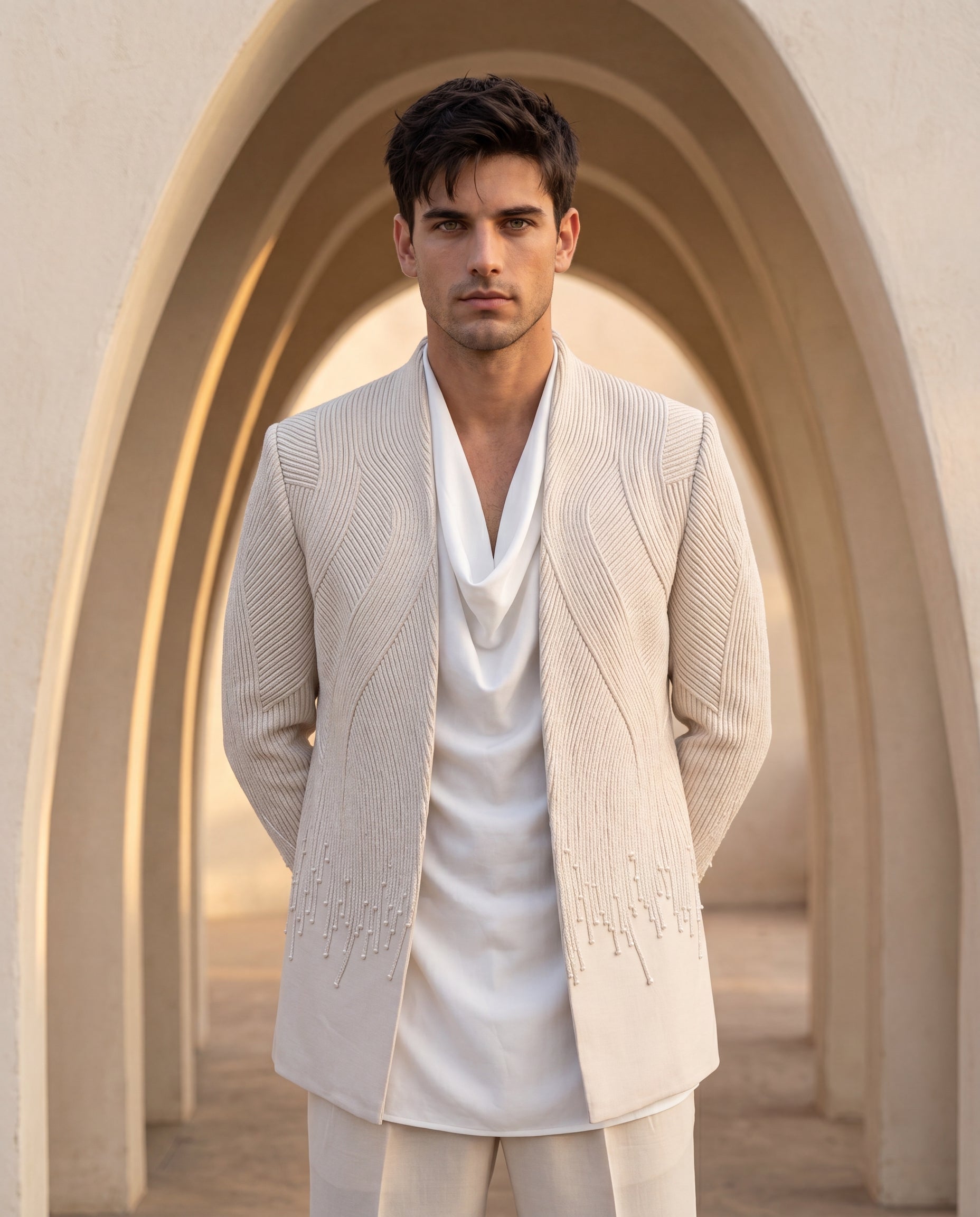 Beige knit front-open indowestern jacket with dori embroidery, paired with a short knit cowl kurta and matching knit pants.