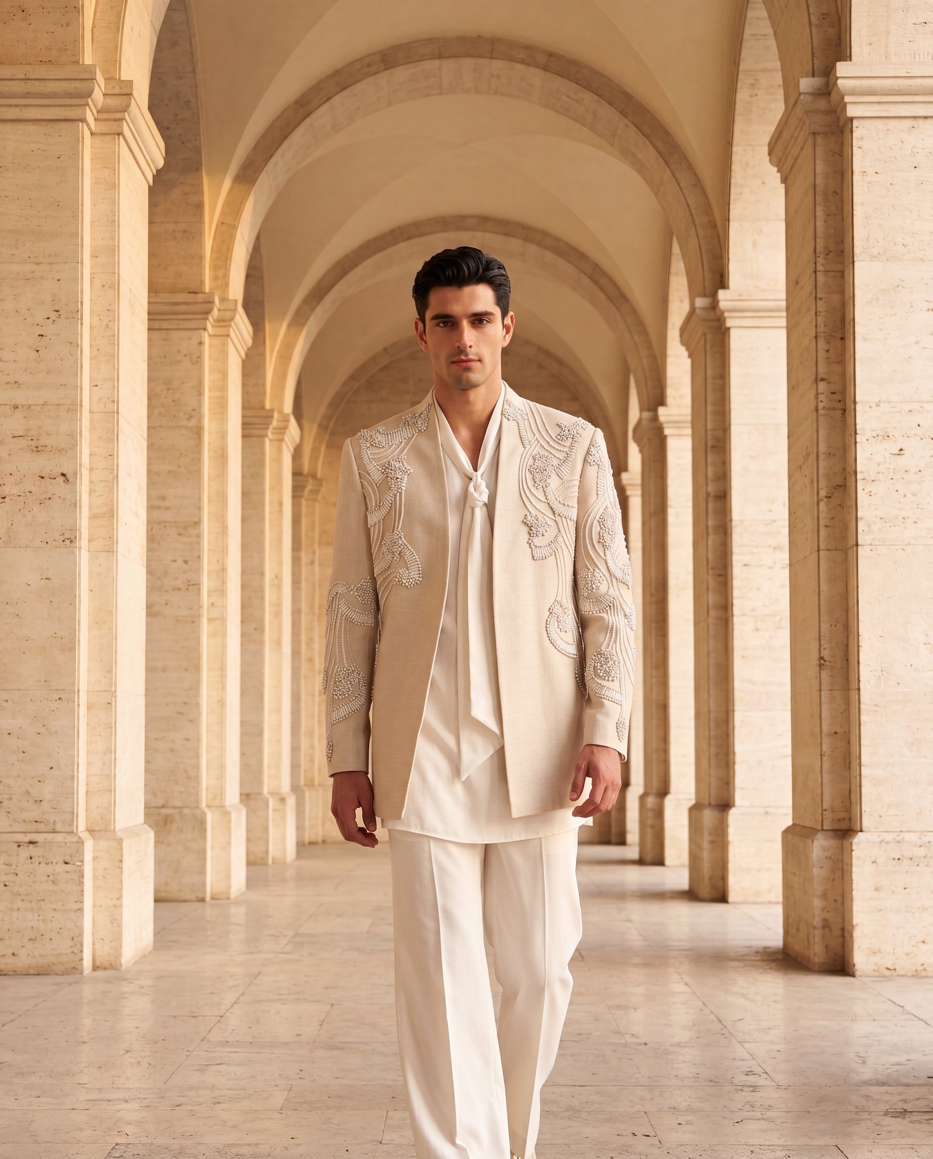 Beige textured rayon Indo-Western jacket with ivory embroidery detailing, paired with a knit kurta and matching palazzo.
