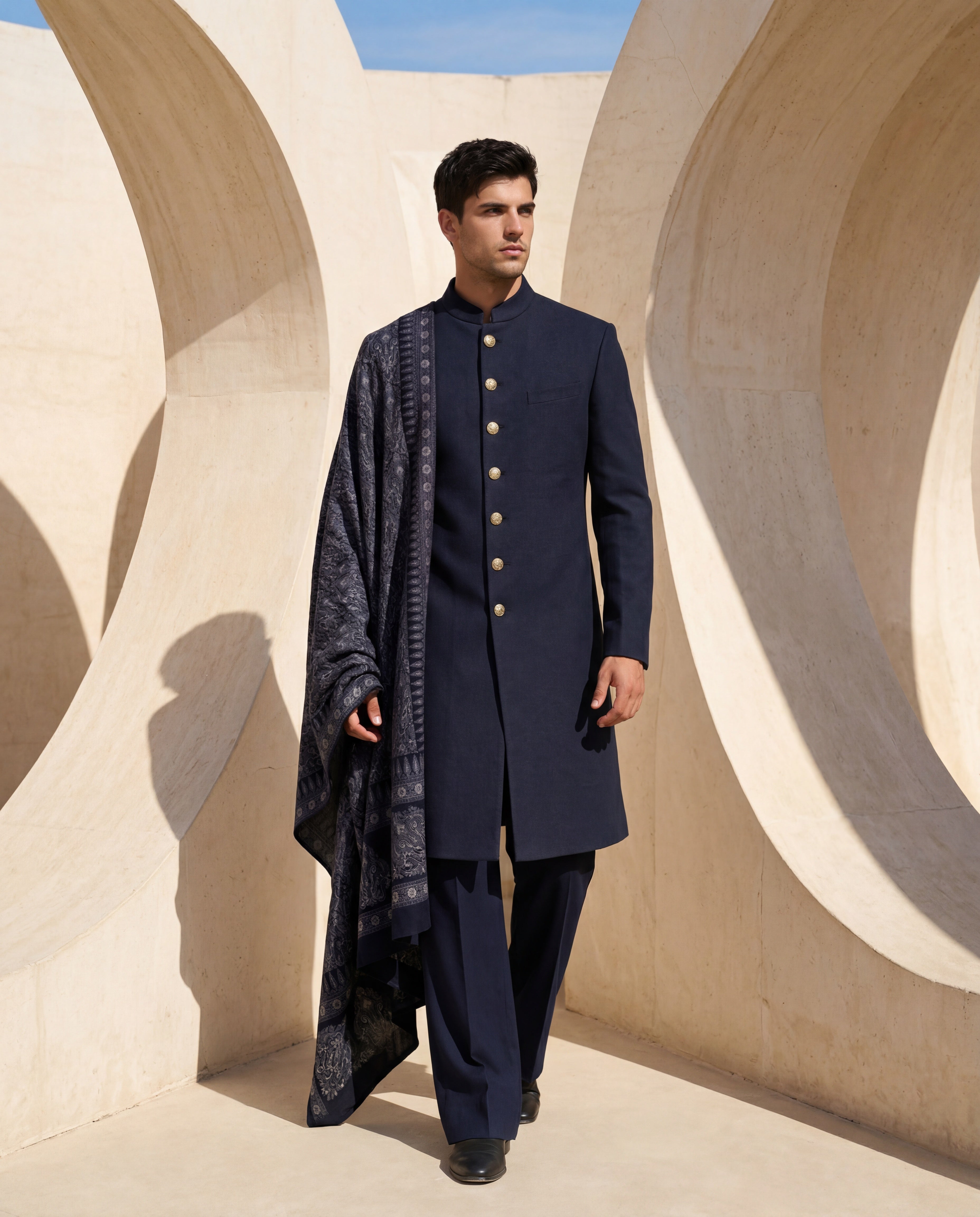 Navy blue Pashmina sherwani featuring contrast buttons along the front, paired with matching pashmina pants and a pashmina stole with intricate blue toned Kashmiri hand-embroidery all over.