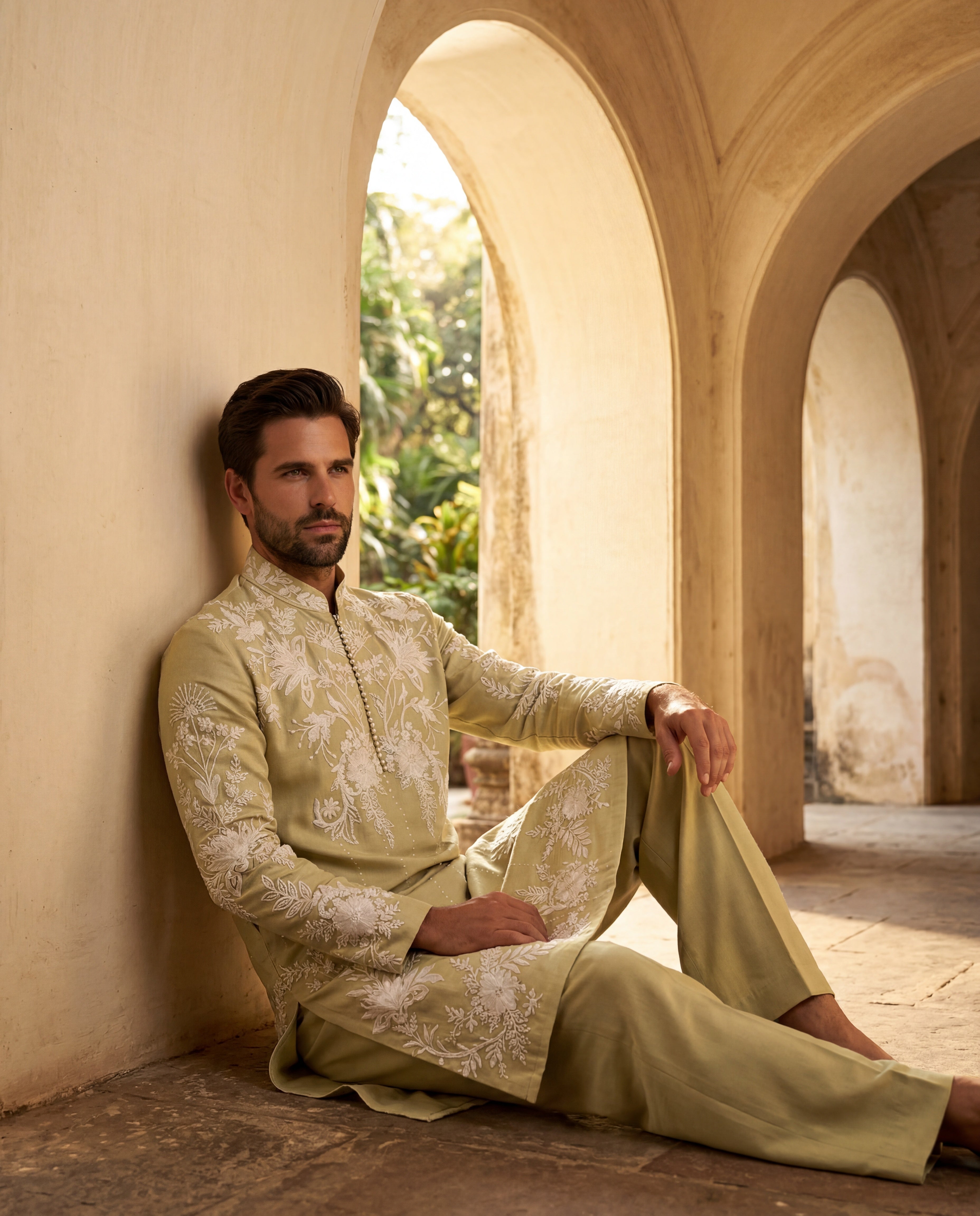 Lime green bamboo silk kurta with ivory floral embroidery, paired with matching bamboo silk aligadhi.