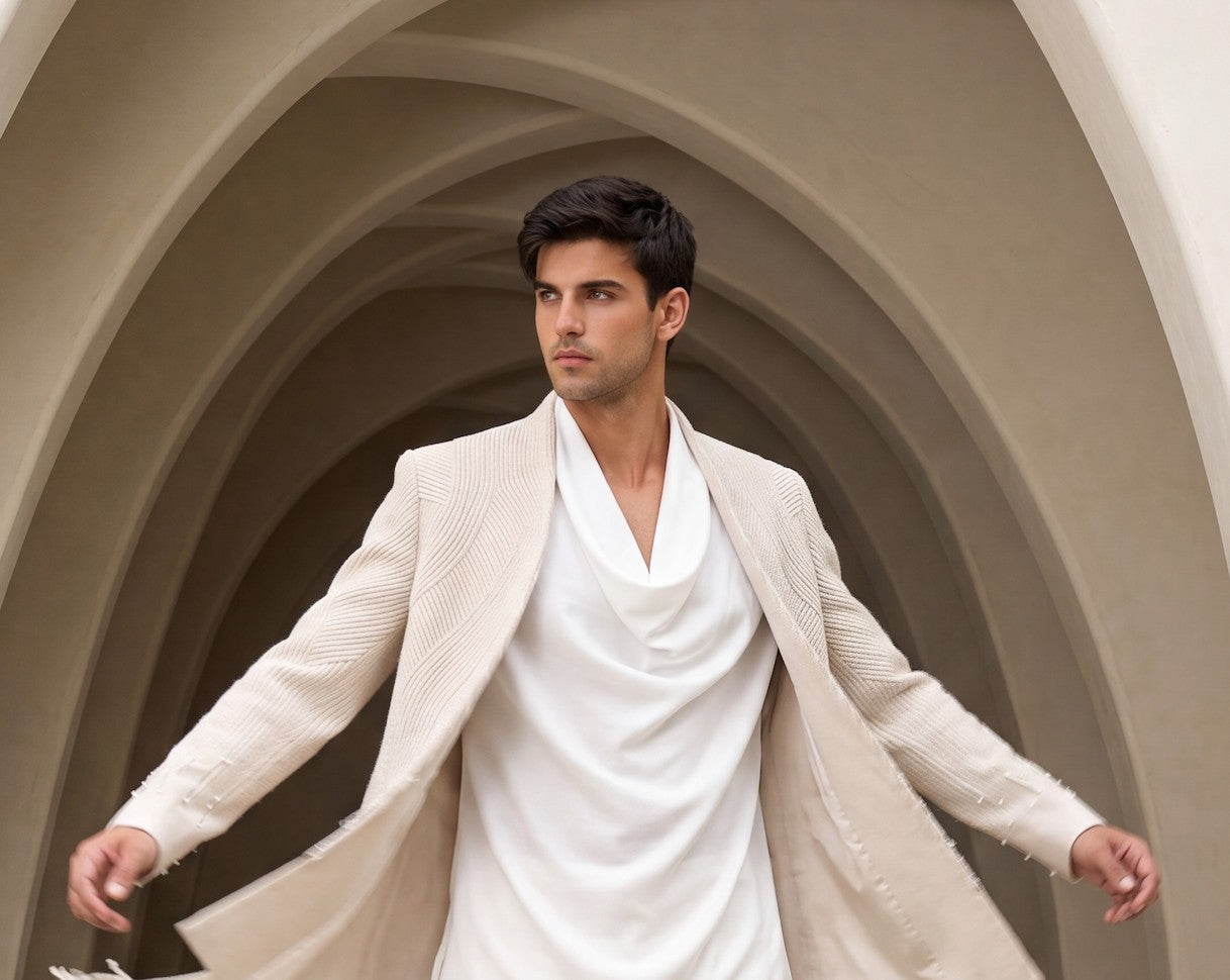 Beige knit front-open indowestern jacket with dori embroidery, paired with a short knit cowl kurta and matching knit pants.