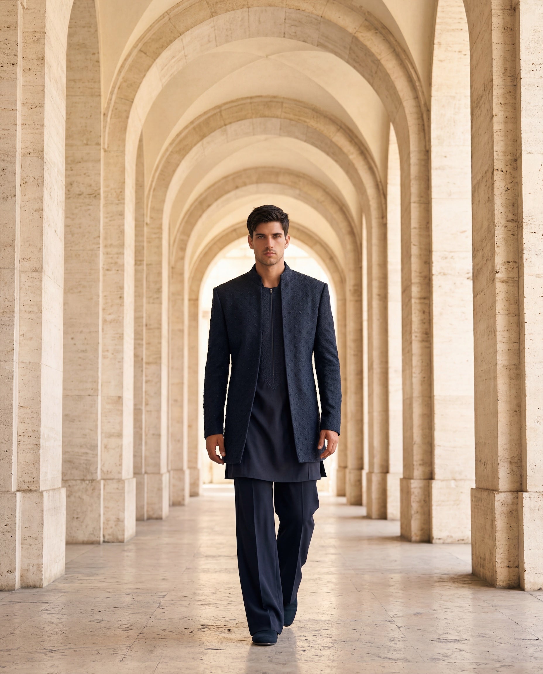Navy blue twill knit Indo-Western jacket with monotone embroidery, paired with a knit kurta and matching twill knit pants.