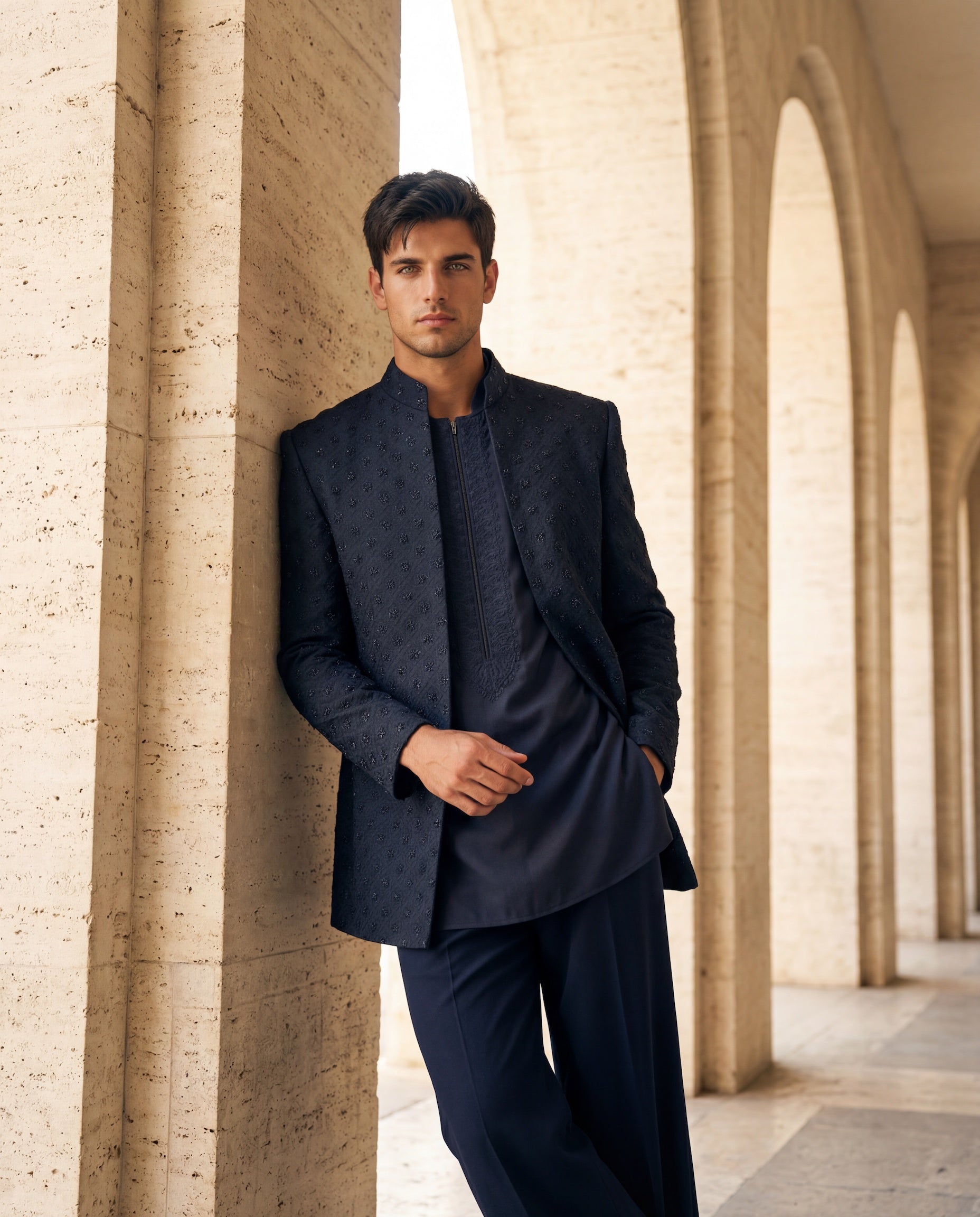 Navy blue twill knit Indo-Western jacket with monotone embroidery, paired with a knit kurta and matching twill knit pants.