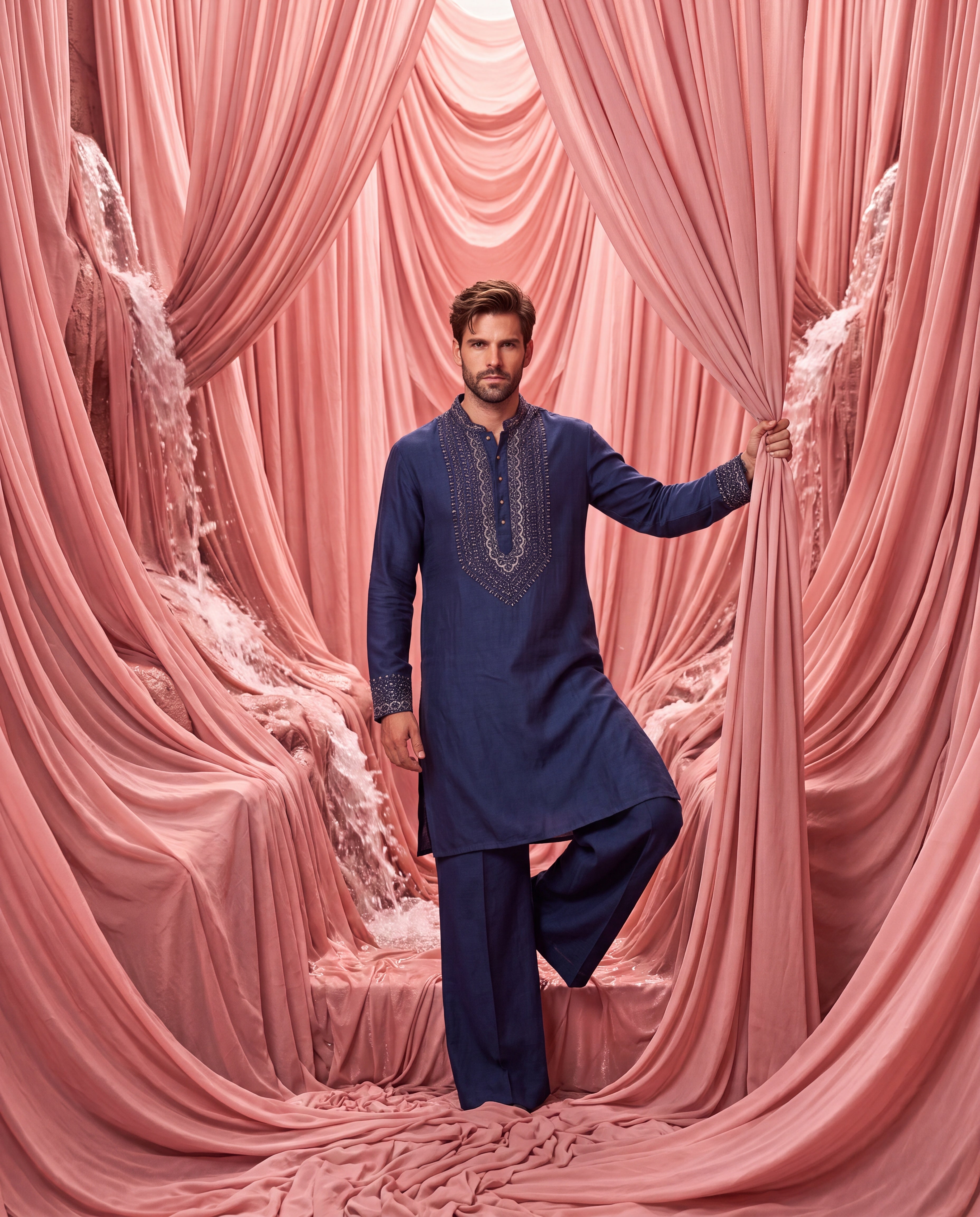 Dark blue Chanderi silk kurta with embroidered detailing on neck-line & cuffs, paired with matching Chanderi silk aligadhi.