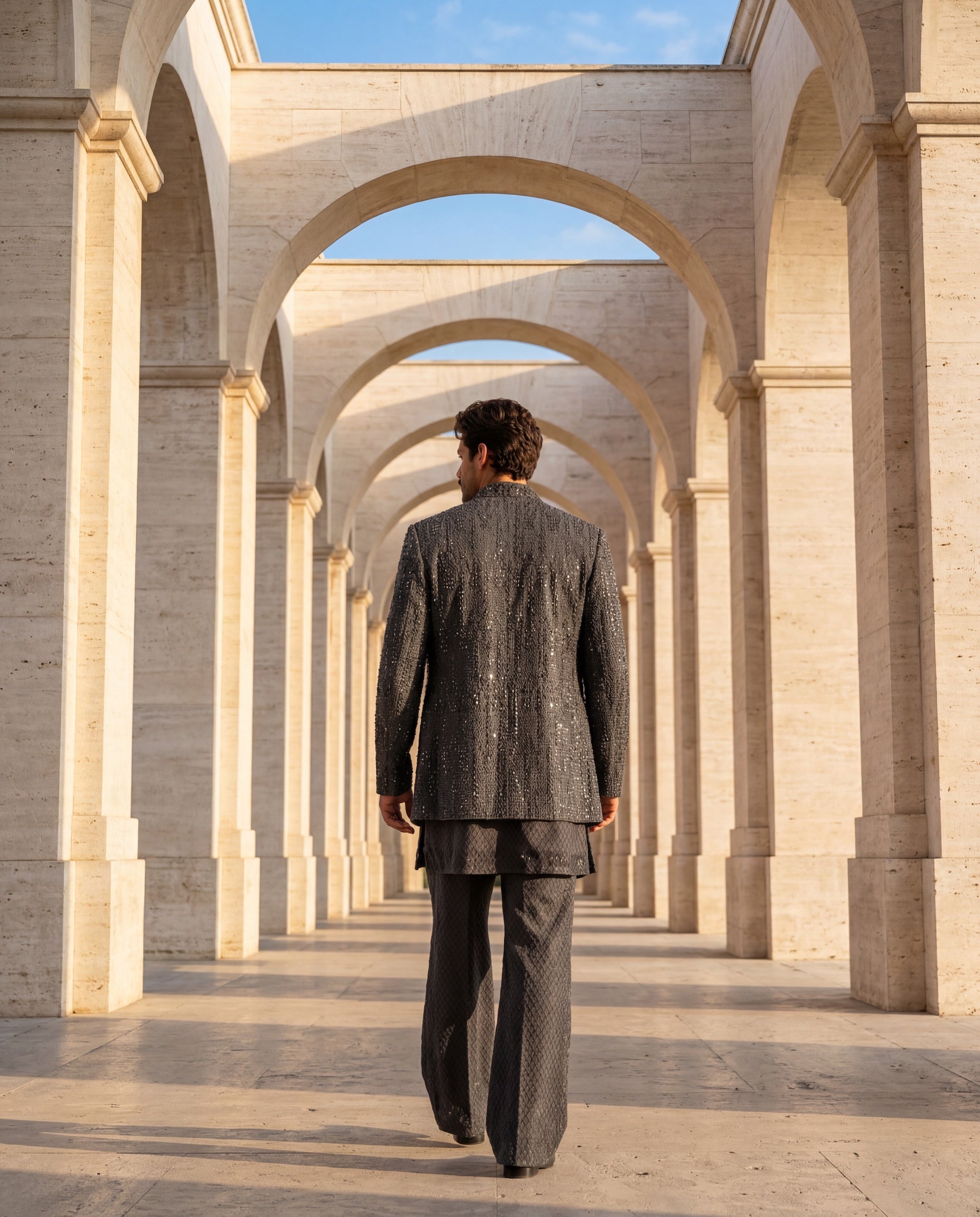 Dark grey crochet Indo-Western jacket with tonal embroidery, paired with a matching crochet kurta and pants.