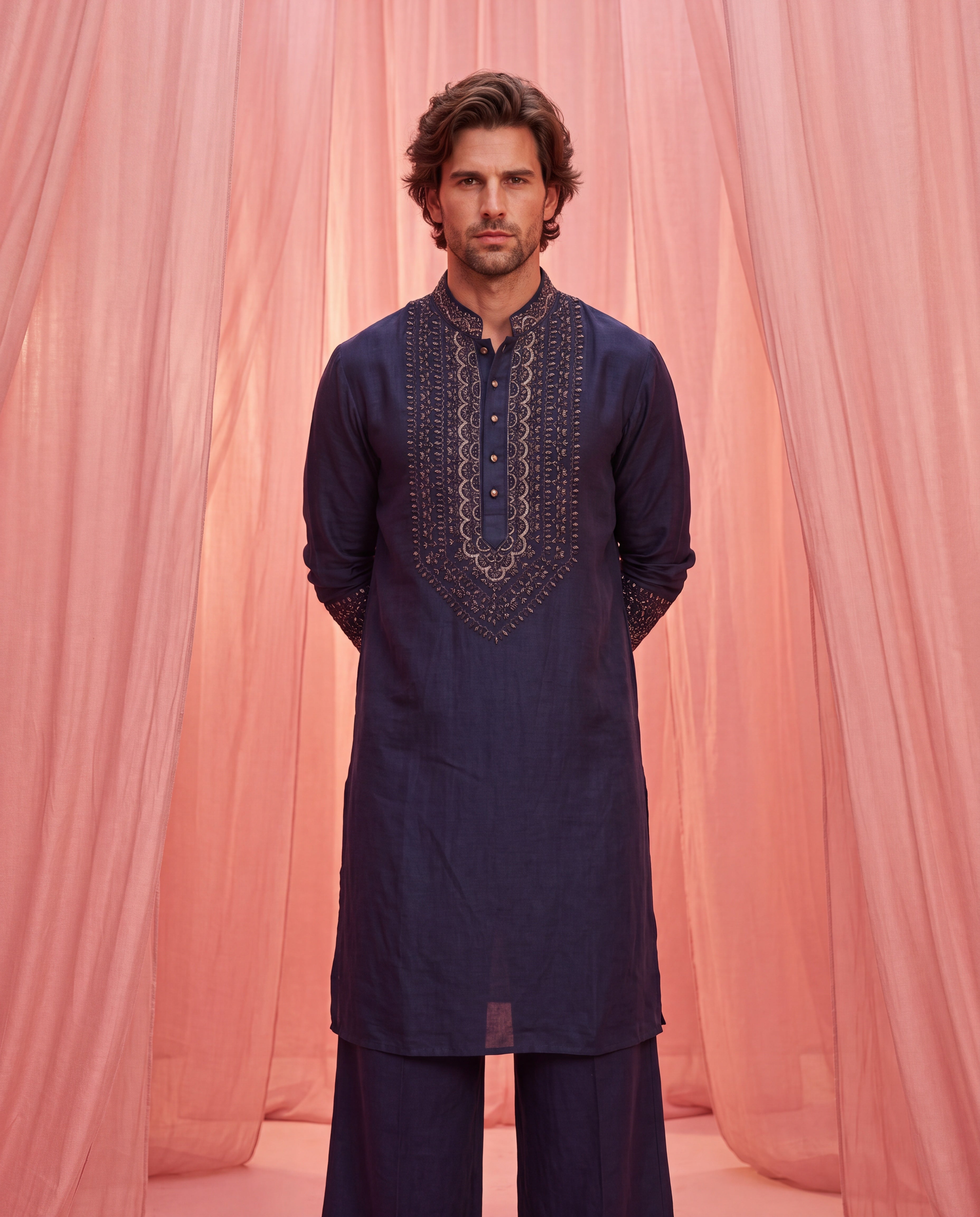Dark blue Chanderi silk kurta with embroidered detailing on neck-line & cuffs, paired with matching Chanderi silk aligadhi.