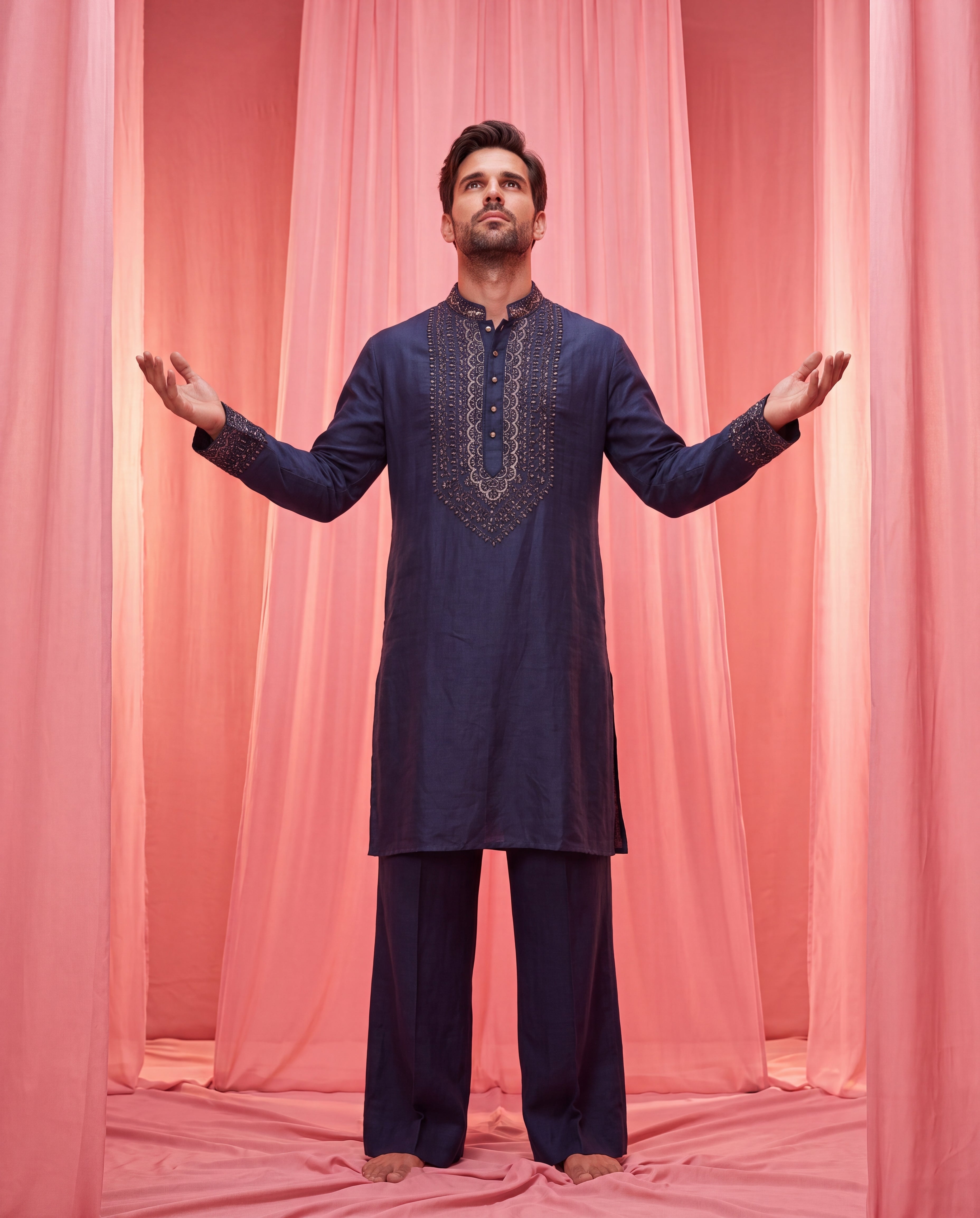 Dark blue Chanderi silk kurta with embroidered detailing on neck-line & cuffs, paired with matching Chanderi silk aligadhi.