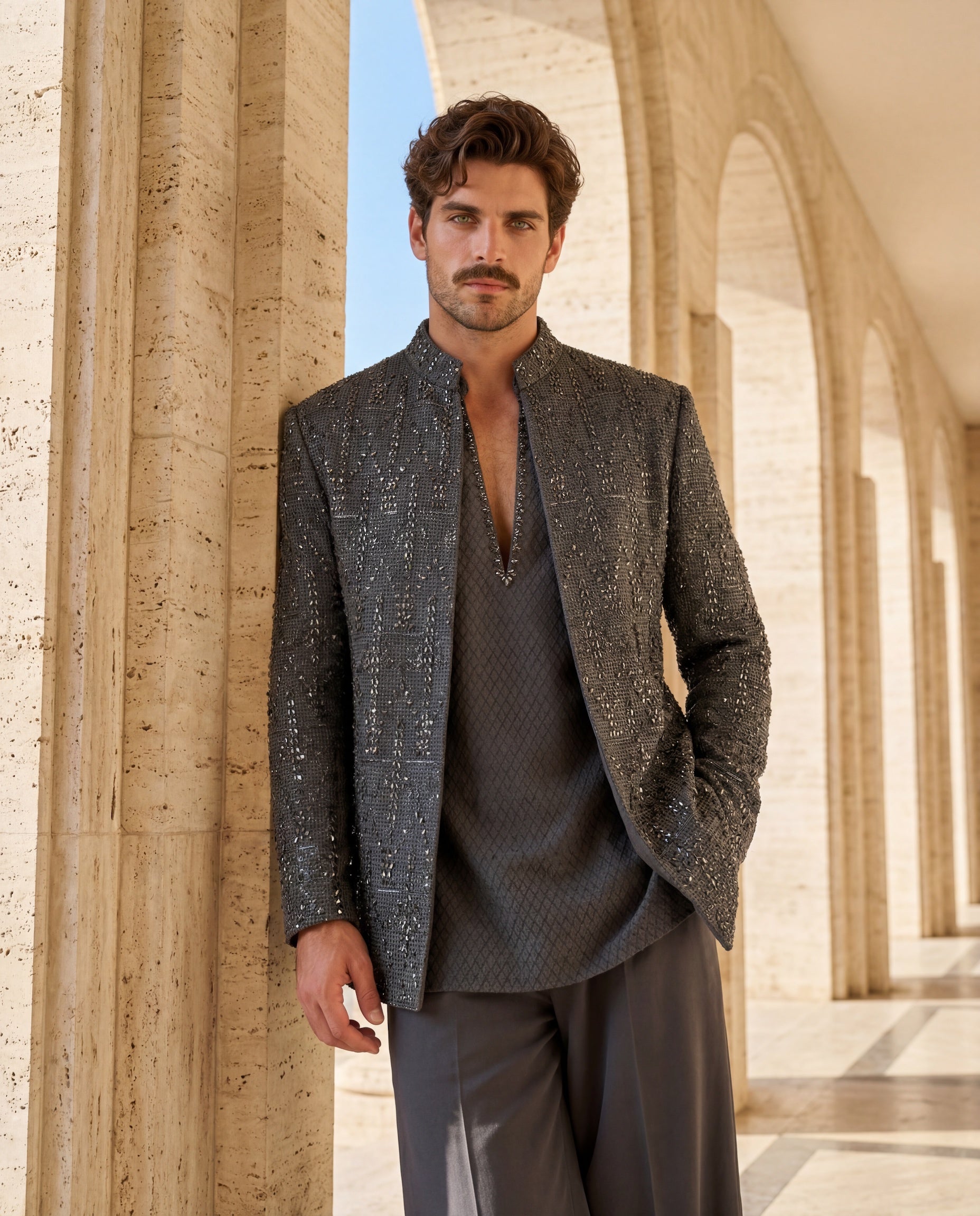 Dark grey crochet Indo-Western jacket with tonal embroidery, paired with a matching crochet kurta and pants.