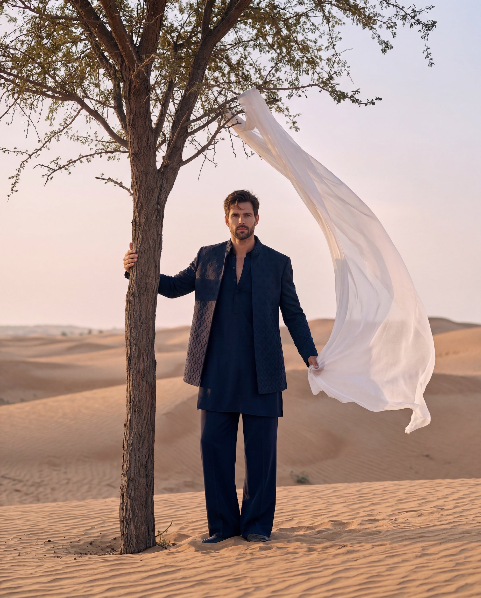 Navy blue knit Indo-Western jacket with monotone detailing, paired with a knit kurta and matching pants.