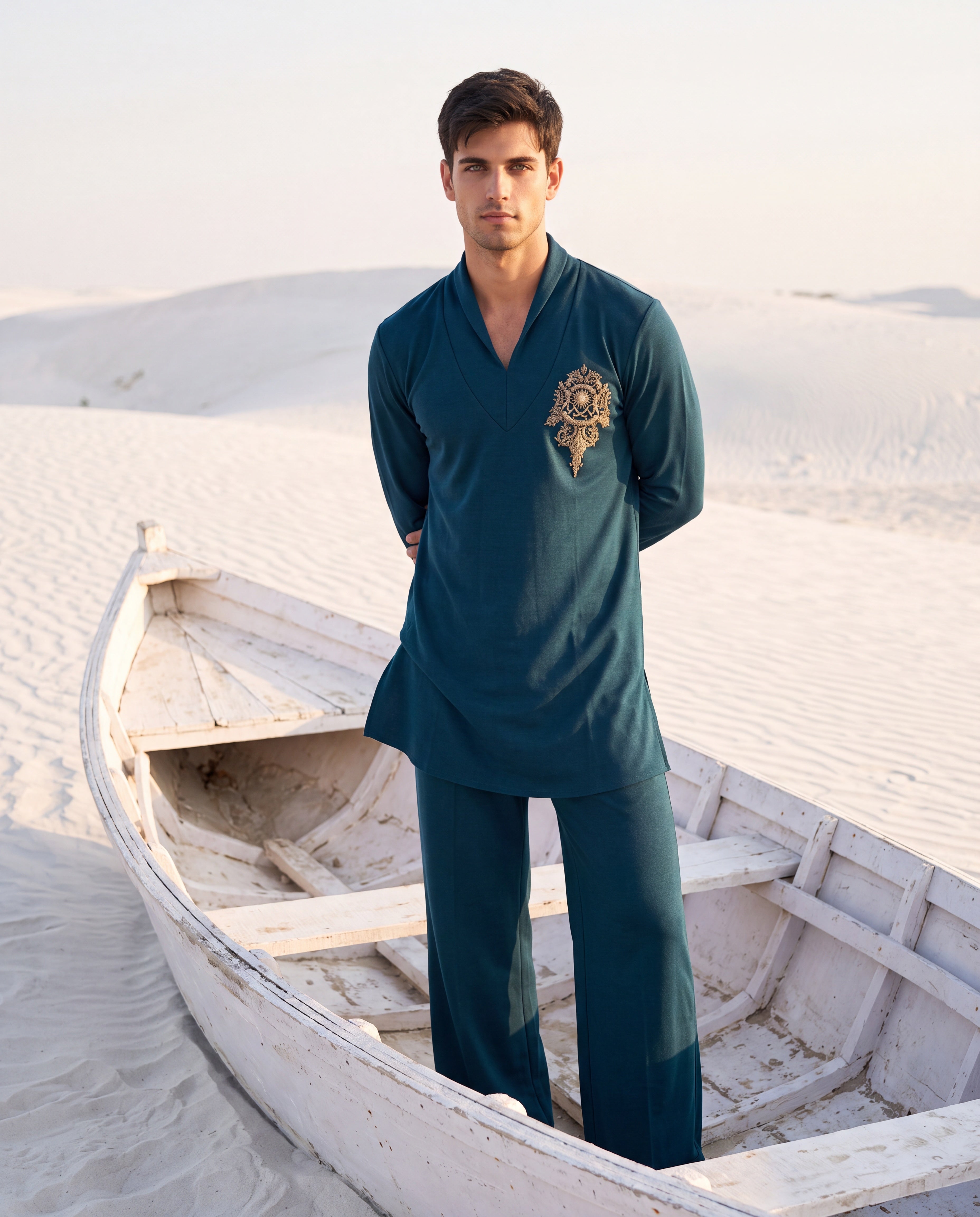 Turquoise knit kurta with gold embroidery detailing, paired with matching knit palazzo.