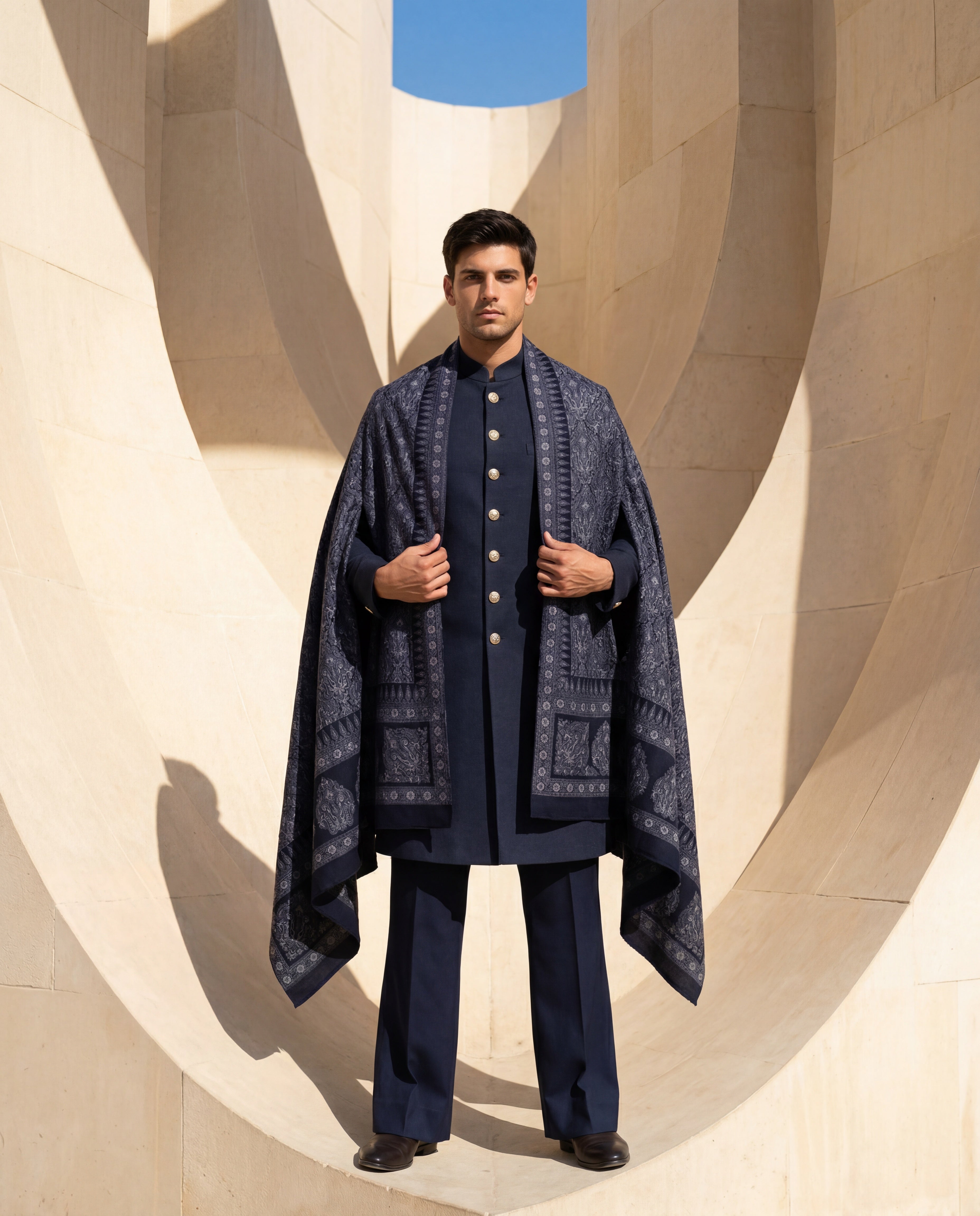 Navy blue Pashmina sherwani featuring contrast buttons along the front, paired with matching pashmina pants and a pashmina stole with intricate blue toned Kashmiri hand-embroidery all over.