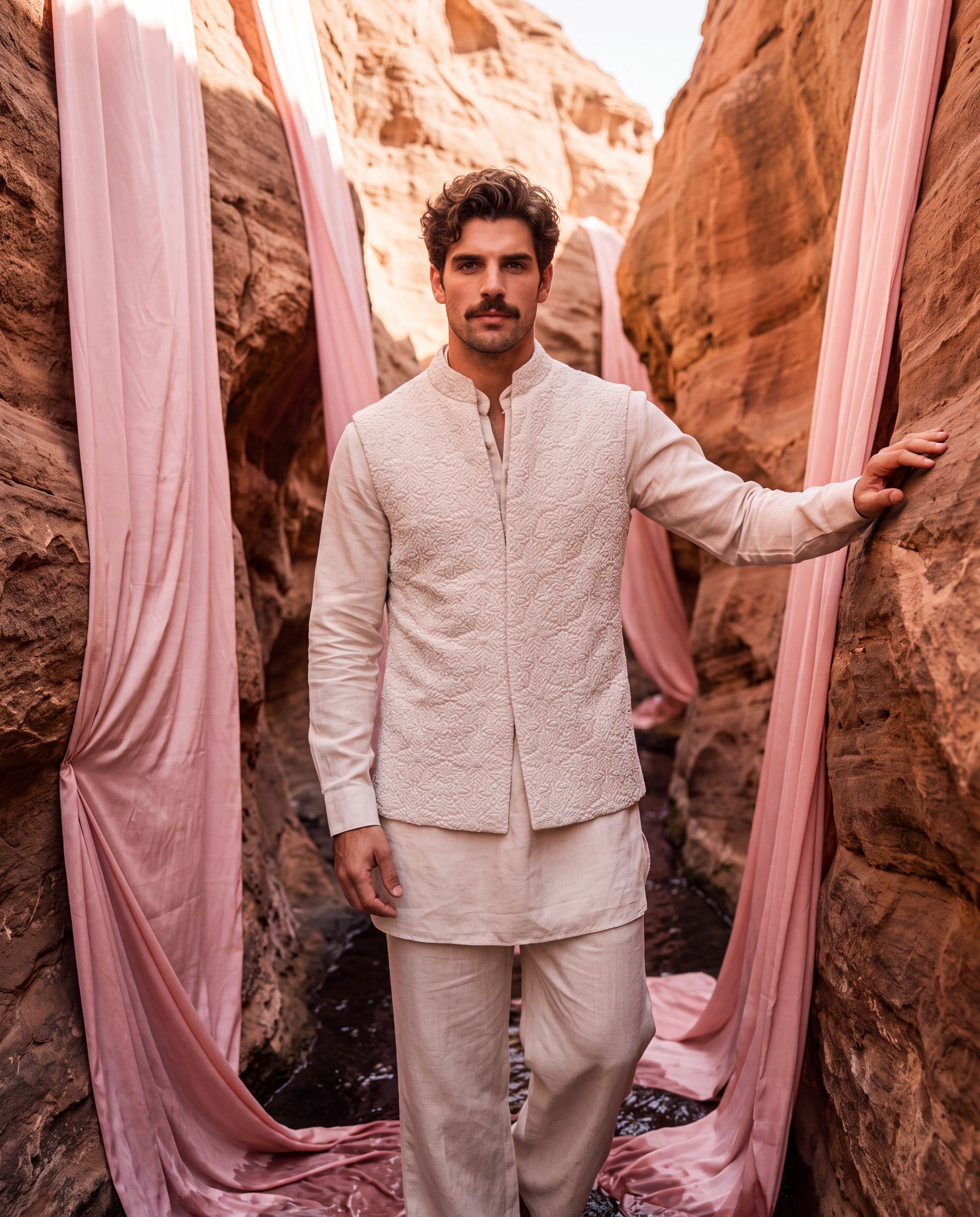 Cream Linen waistcoat with floral embroidery detailing, paired with a silk kurta and matching aligadhi pants.