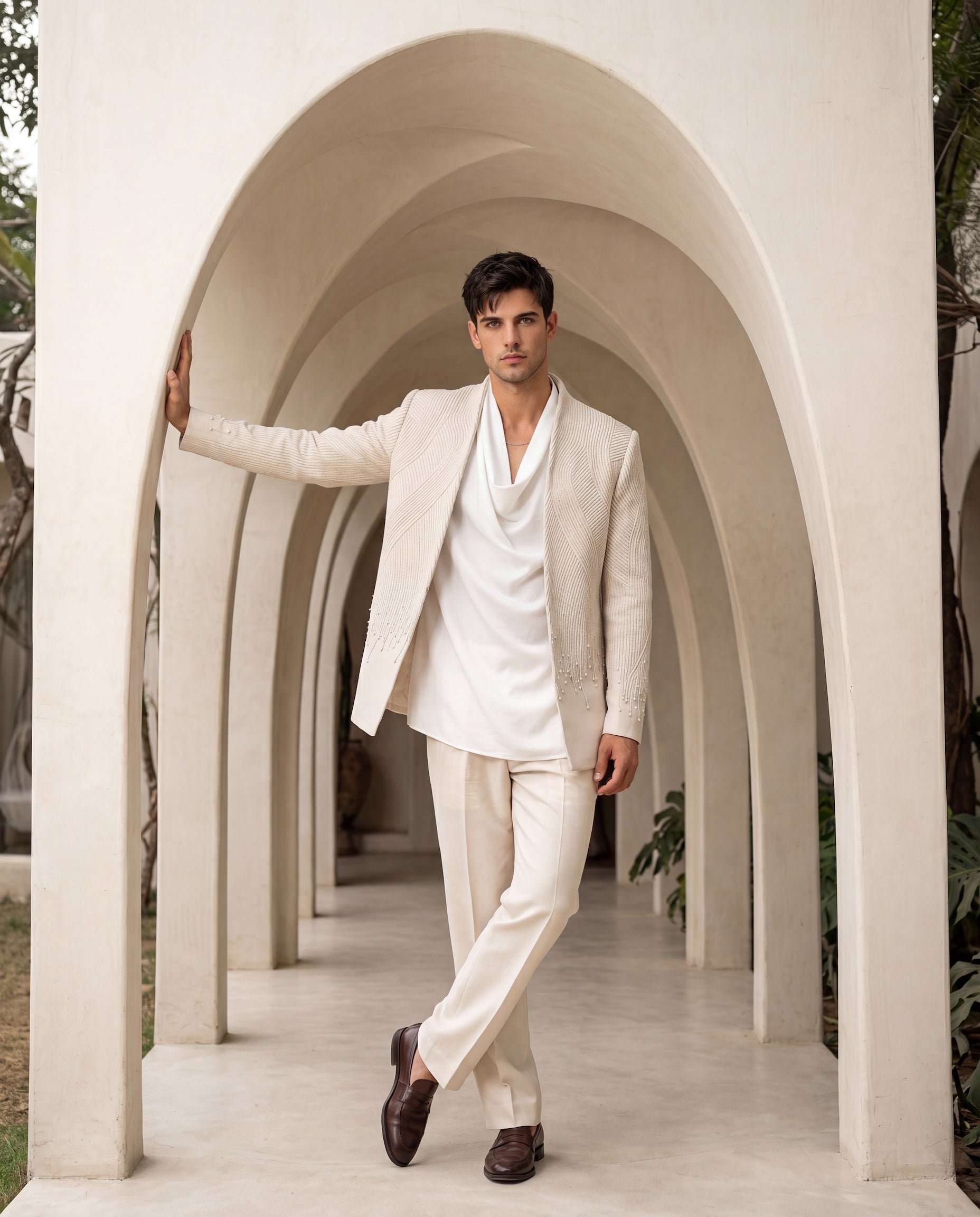 Beige knit front-open indowestern jacket with dori embroidery, paired with a short knit cowl kurta and matching knit pants.