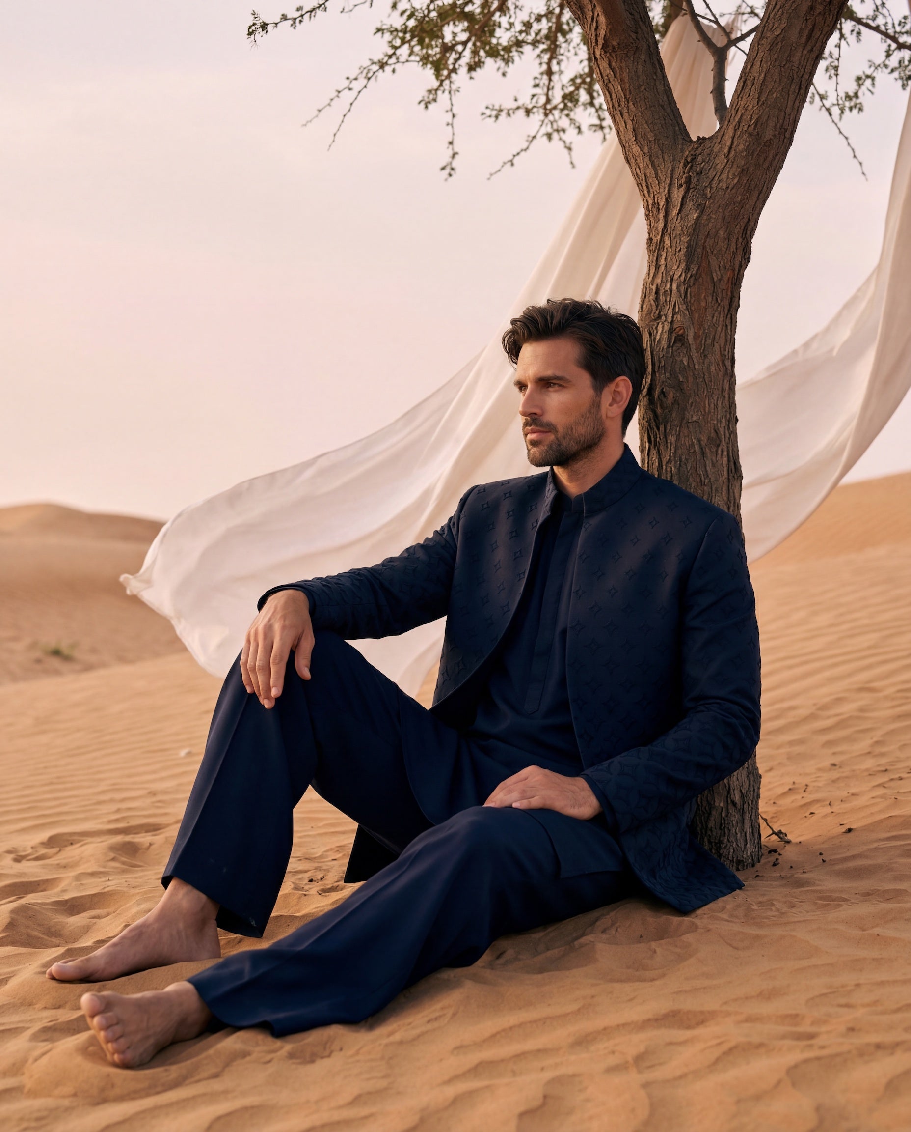 Navy blue knit Indo-Western jacket with monotone detailing, paired with a knit kurta and matching pants.
