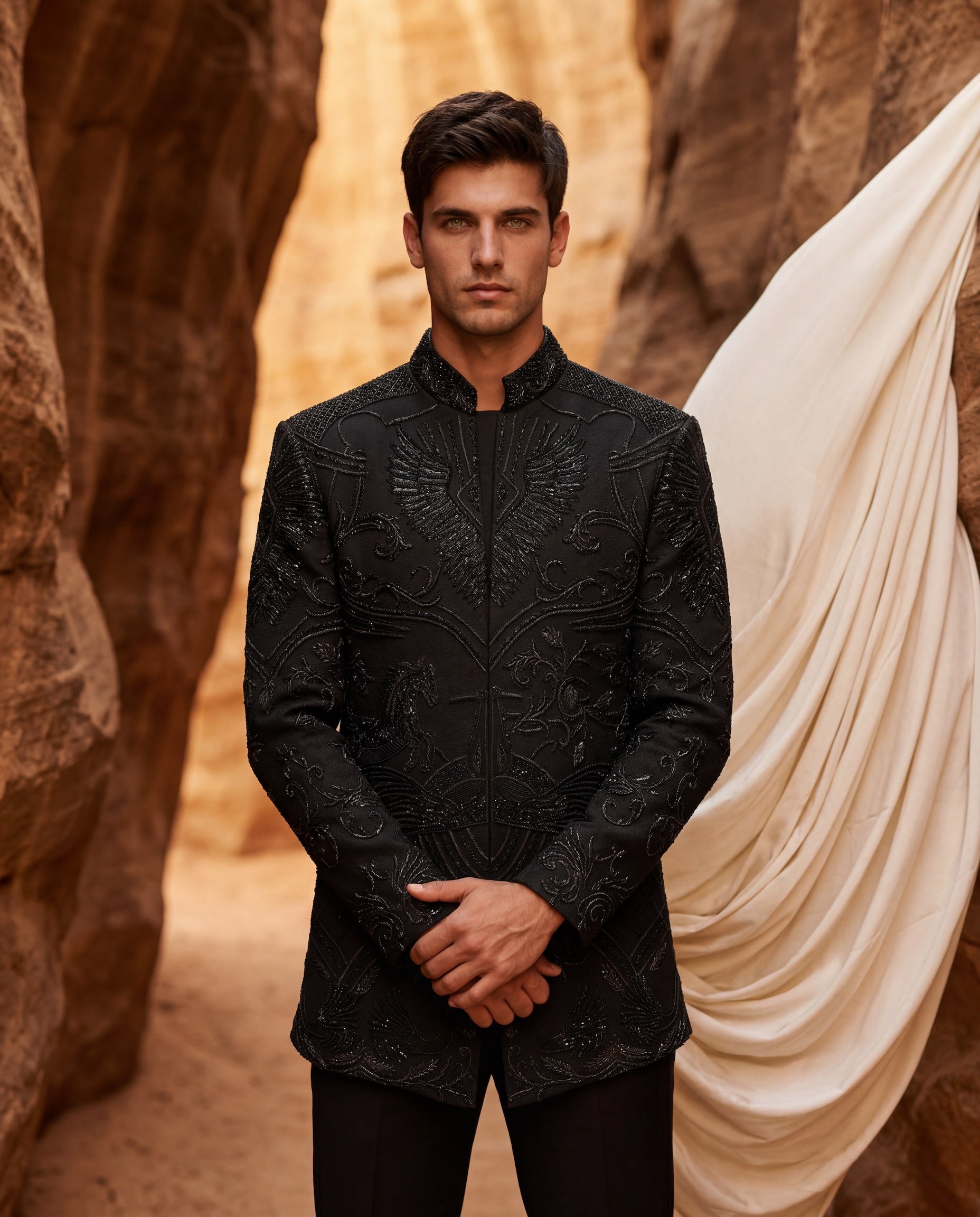 Black textured knit Indo-Western jacket with monotone embroidery, paired with a cotton modal kurta and matching textured knit palazzo.