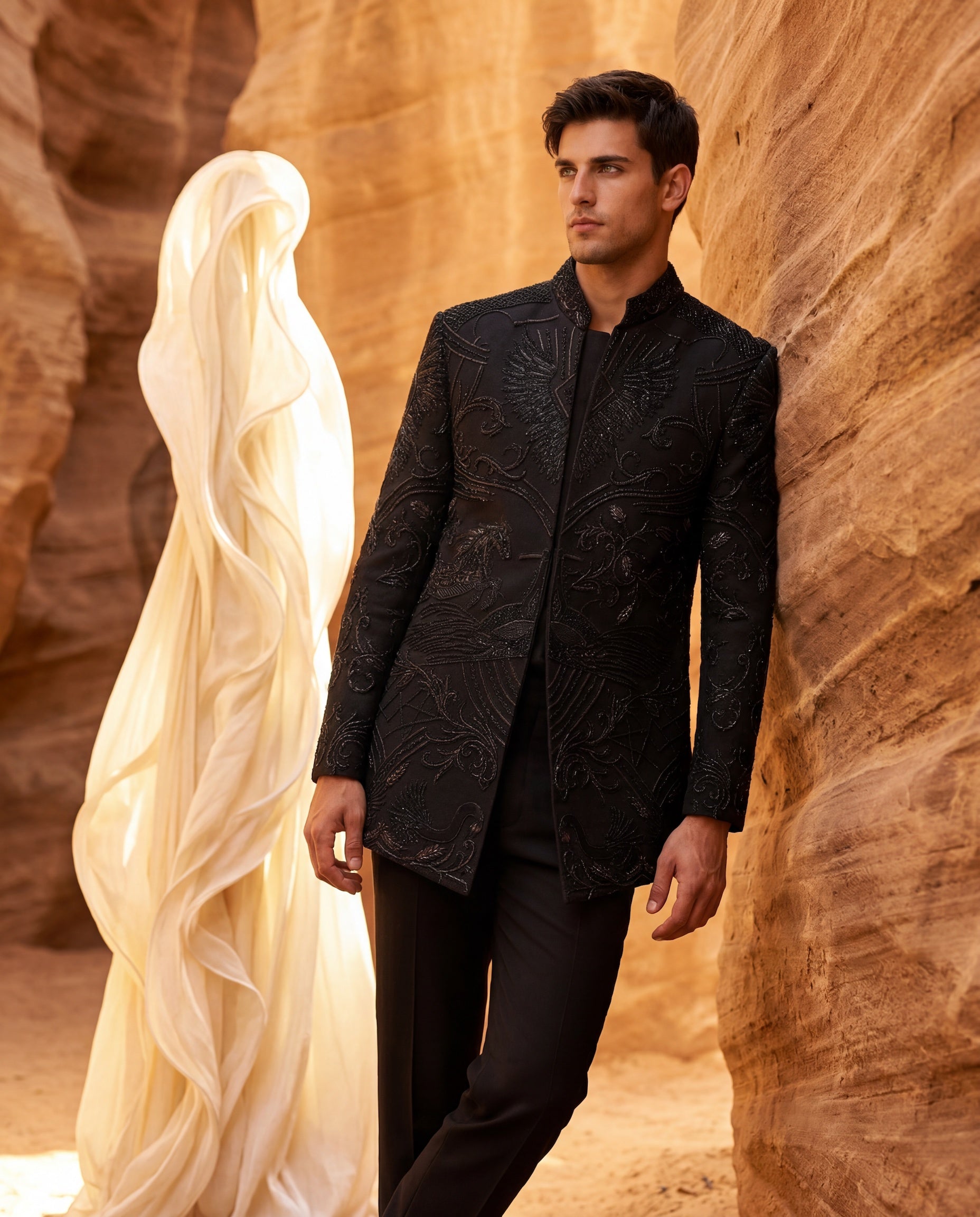 Black textured knit Indo-Western jacket with monotone embroidery, paired with a cotton modal kurta and matching textured knit palazzo.