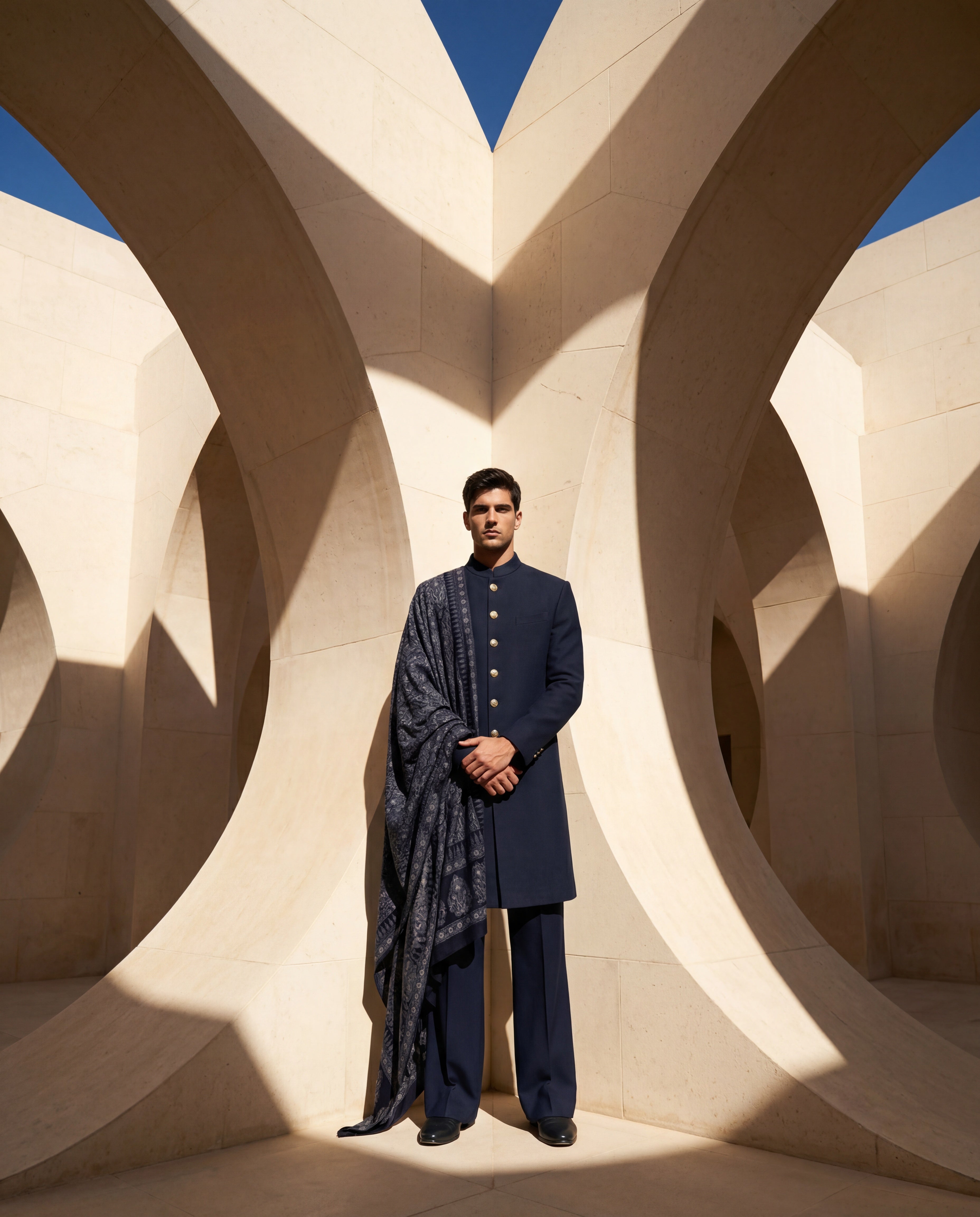 Navy blue Pashmina sherwani featuring contrast buttons along the front, paired with matching pashmina pants and a pashmina stole with intricate blue toned Kashmiri hand-embroidery all over.