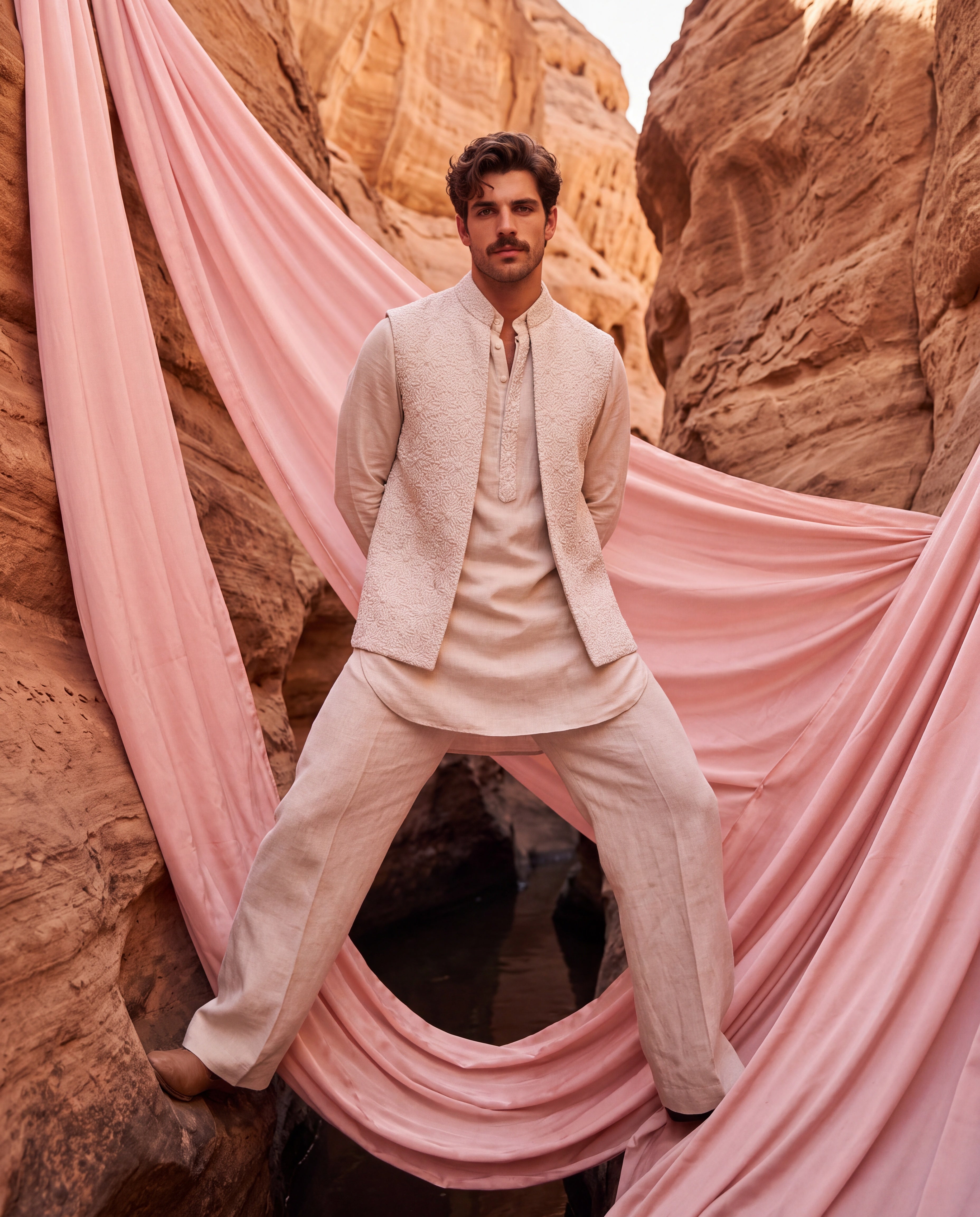 Cream Linen waistcoat with floral embroidery detailing, paired with a silk kurta and matching aligadhi pants.