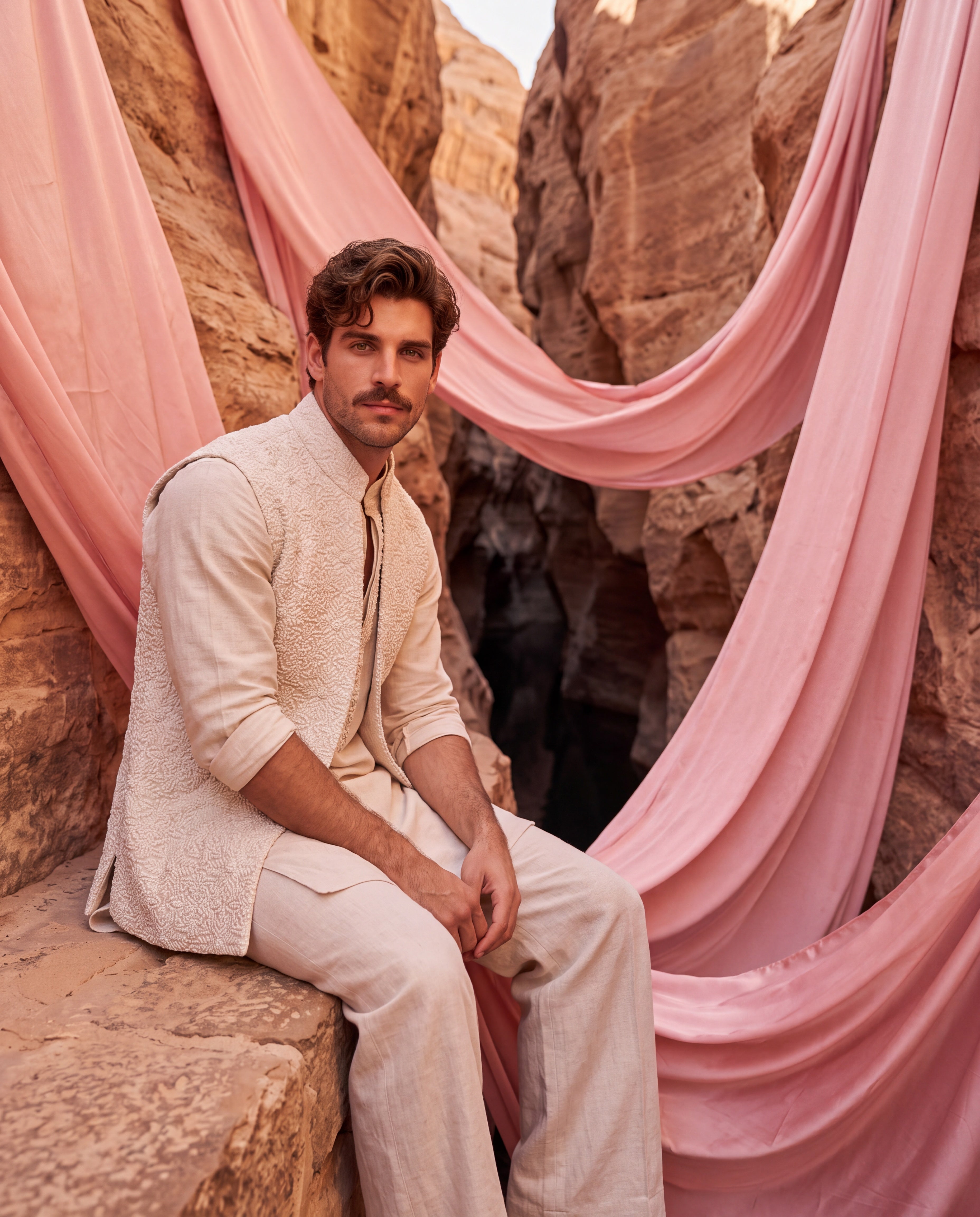 Cream Linen waistcoat with floral embroidery detailing, paired with a silk kurta and matching aligadhi pants.