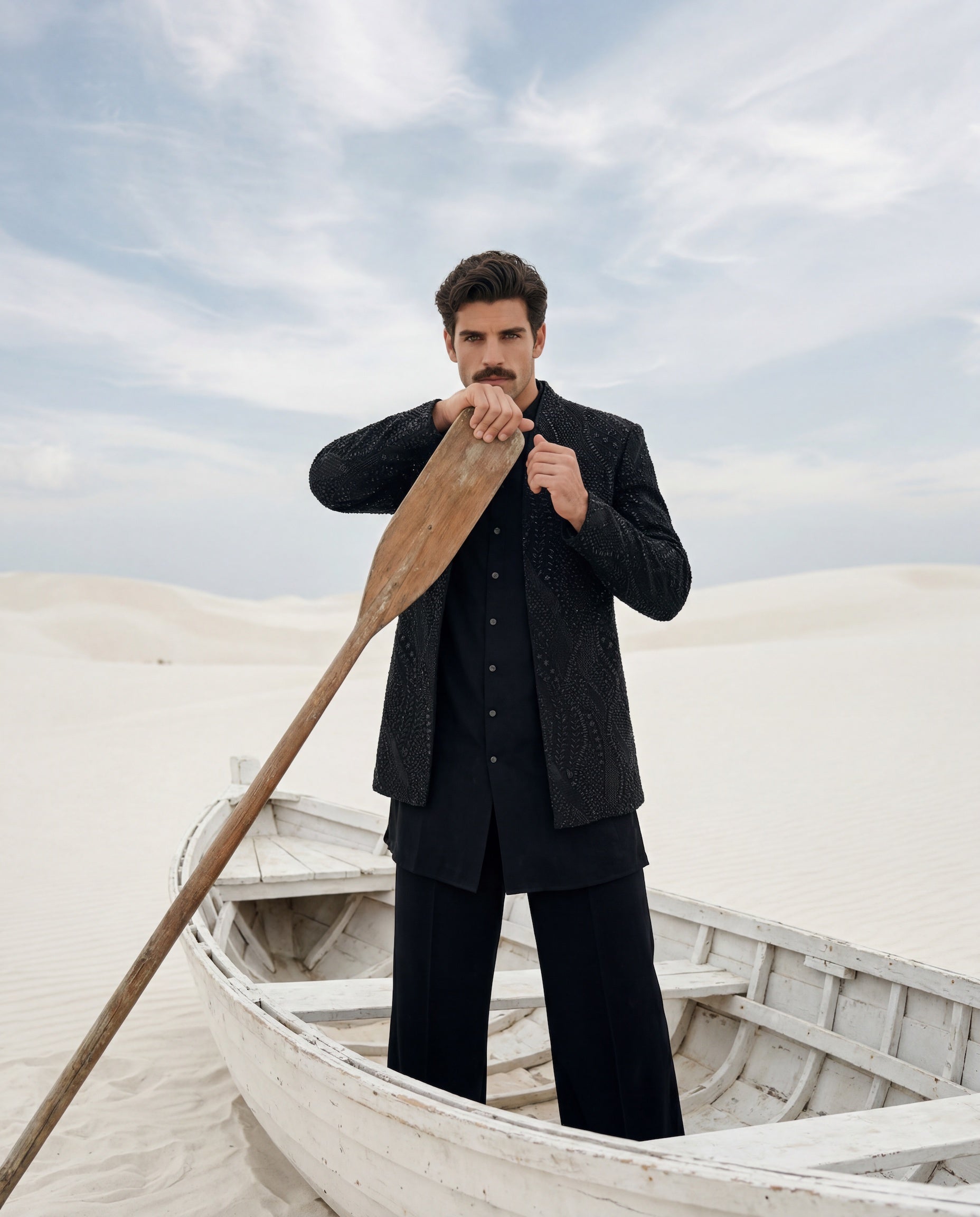 Black crepe Indo-Western jacket with monotone embroidery, paired with a matching crepe kurta and knit pants.