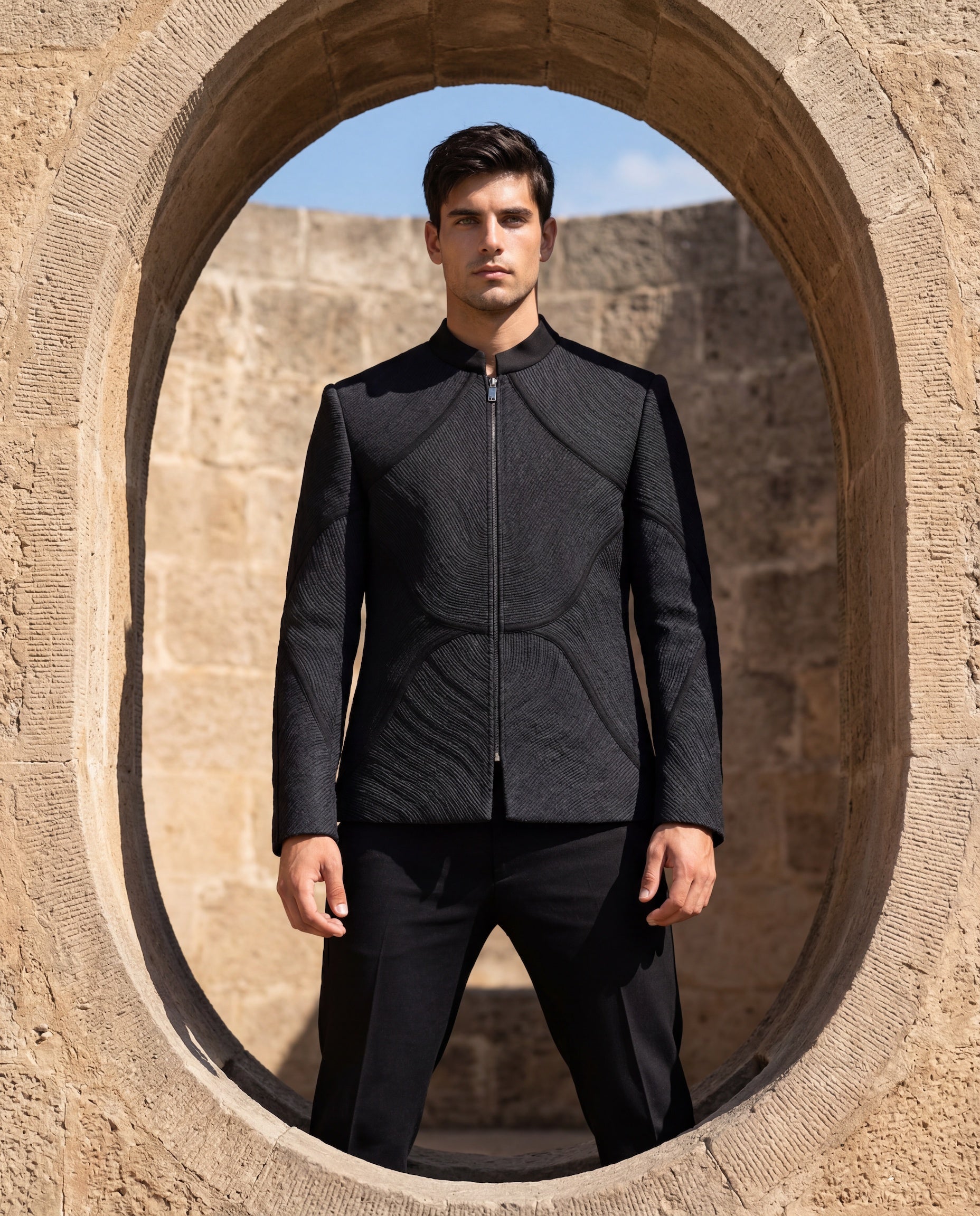Black knit bomber jacket with monotone dori embroidery detailing, paired with matching knit pants.